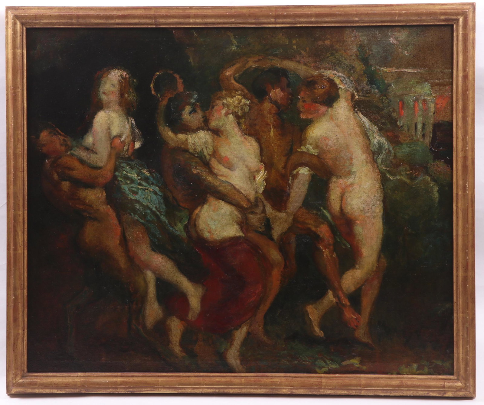 Continental School, Oil on Canvas: An unsigned work depicting a Bacchanalia. Dimensions:27" x 33", the frame 30" x 36". Provenance:From a Philadelphia collection.
