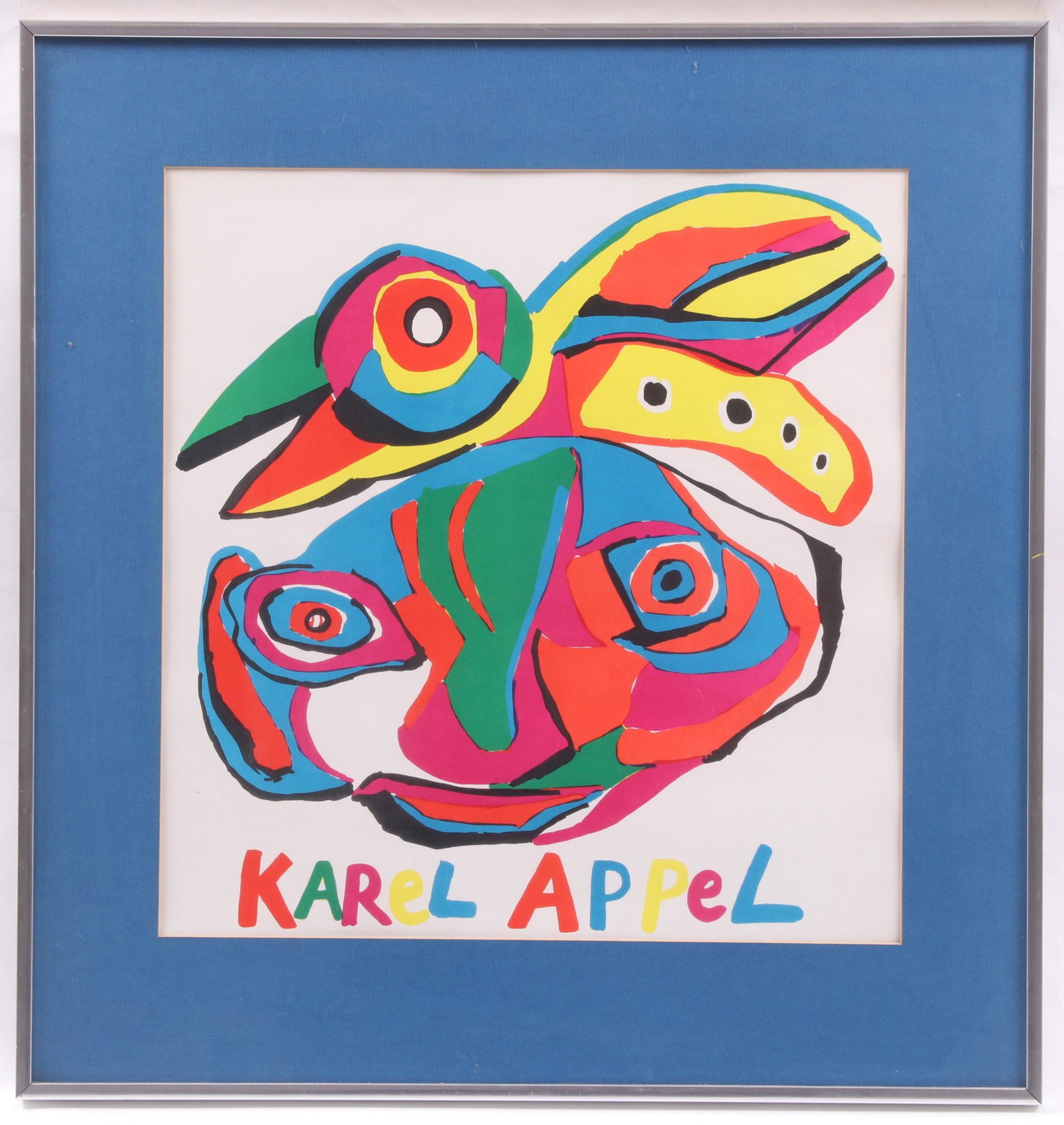 A Karel Appel Poster: A Vintage serigraph depicting a bird and tiger. Dimensions:Sight is 16" x 15 1/2", the frame 22" x 21". Provenance:From a local collection.