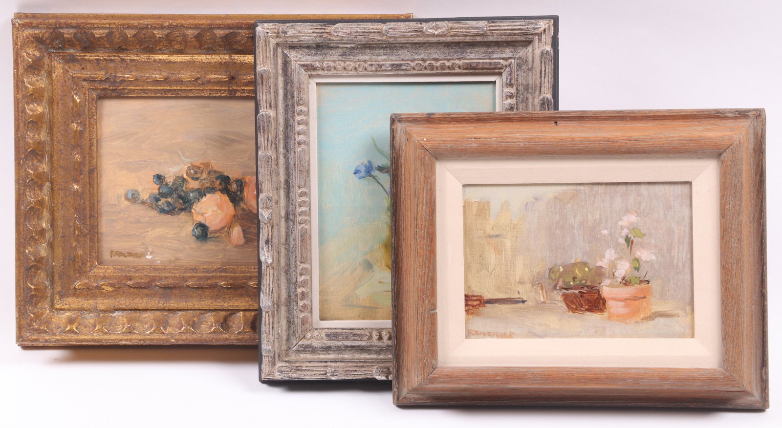 Seymour Remenick (1923 - 1999) Three works: Three small still lifes, all oil on board, each signed. Dimensions:From 5 1/4" x 7" to 6" x 7 1/2", the frames 8 1/2" x 10 1/2" to 10" x 12". Provenance:From a Philadelphia estate.