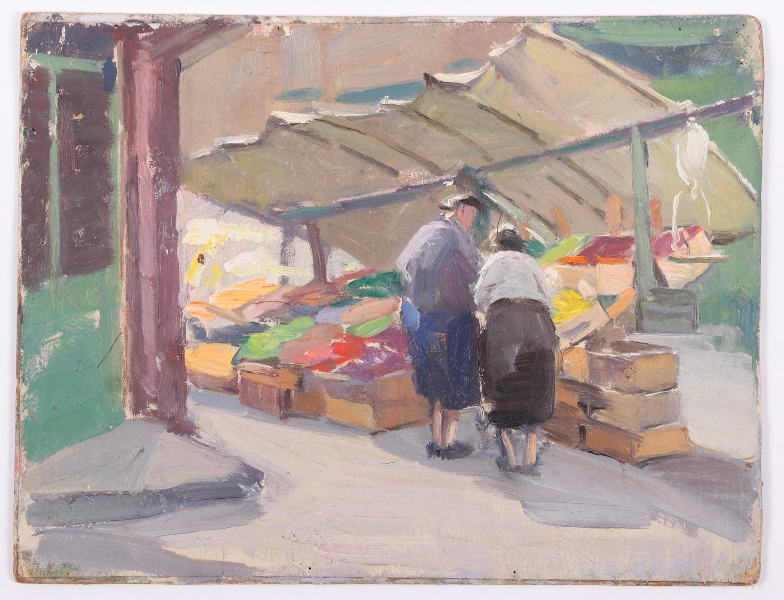 Mabel May Woodward (1877 - 1945) Oil on Canvas: A scene depicting figures in a market, unsigned. Dimensions:10 1/4"x 13 1/4". Provenance: