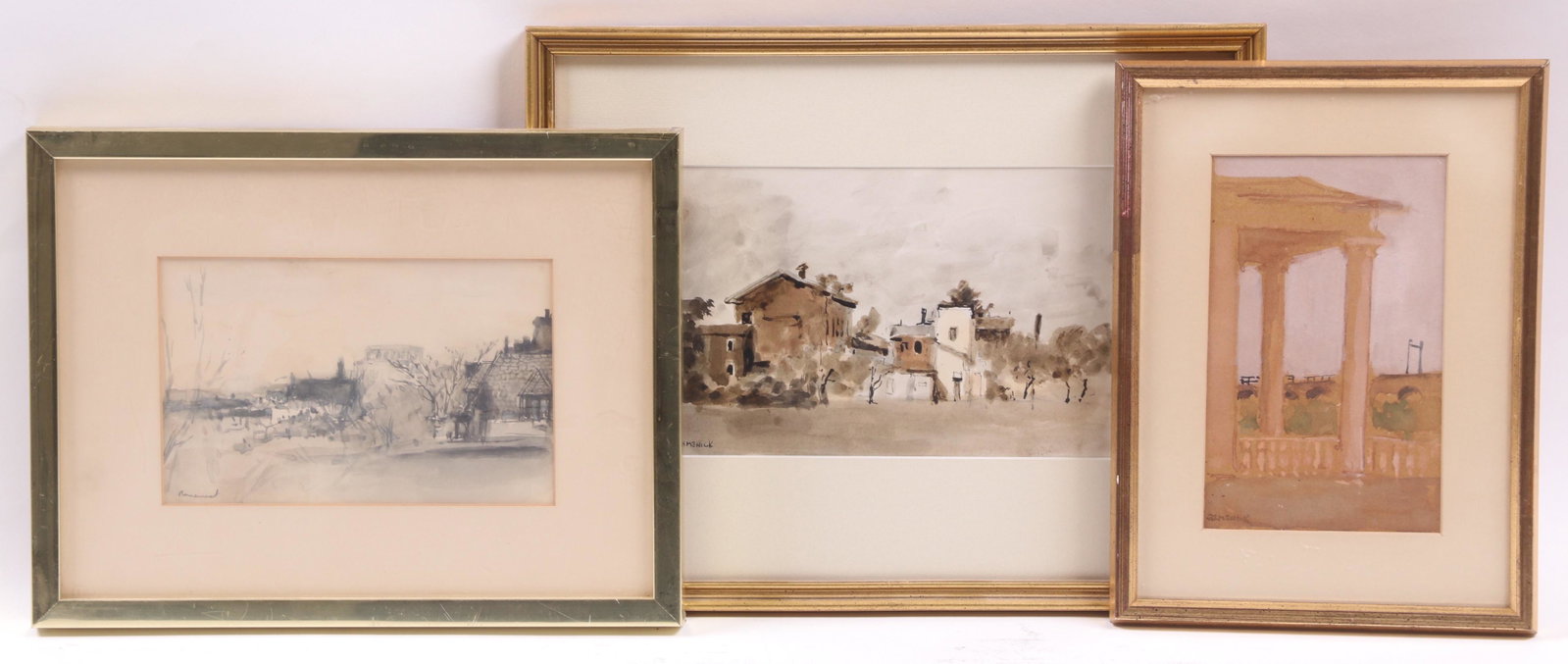 Seymour Remenick (1923 - 1999) Three Landscapes: A watercolor depicting a detail of a building, a watercolor in monochrome which appears to be a Philadelphia scene, and a watercolor of a street, all signed. Dimensions:The frames range from 10 1/2" x