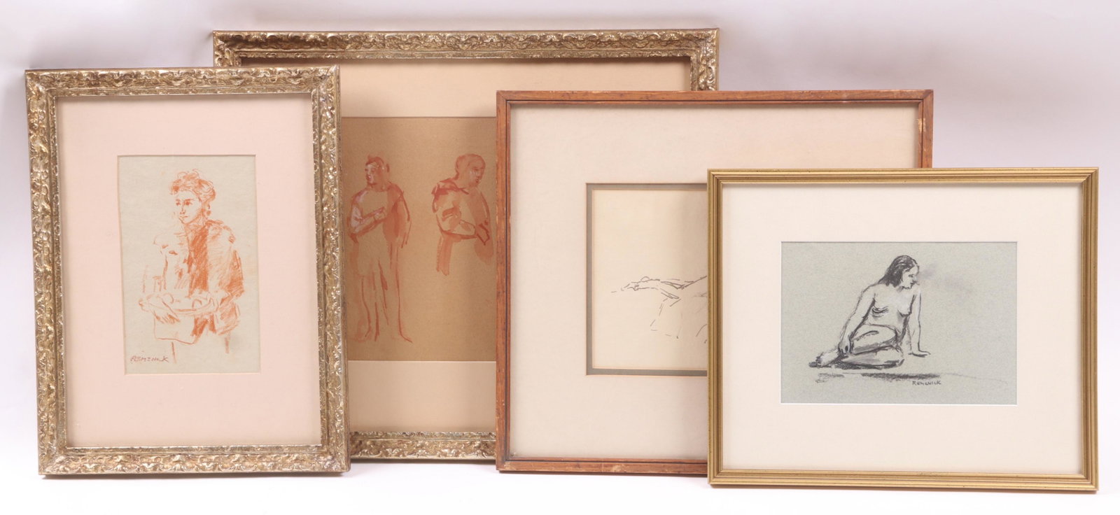 Seymour Remenick (1923 - 1999) Four Works: Comprising: a figure in red crayon, a nude in black crayon, a figural study in watercolor and nude in watercolor, all signed. Dimensions:The frames range from 11 1/2" x 13 3/4" to 19" x 16". Provenanc