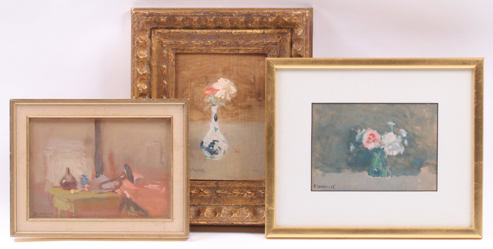 Seymour Remenick (1923 - 1999) Three Pieces: An oil on board depicting a Chinese blue and white vase with flowers, a floral still life in watercolor, and a gouache depicting a table with bugle and vessels, all signed. Dimensions:The frames range