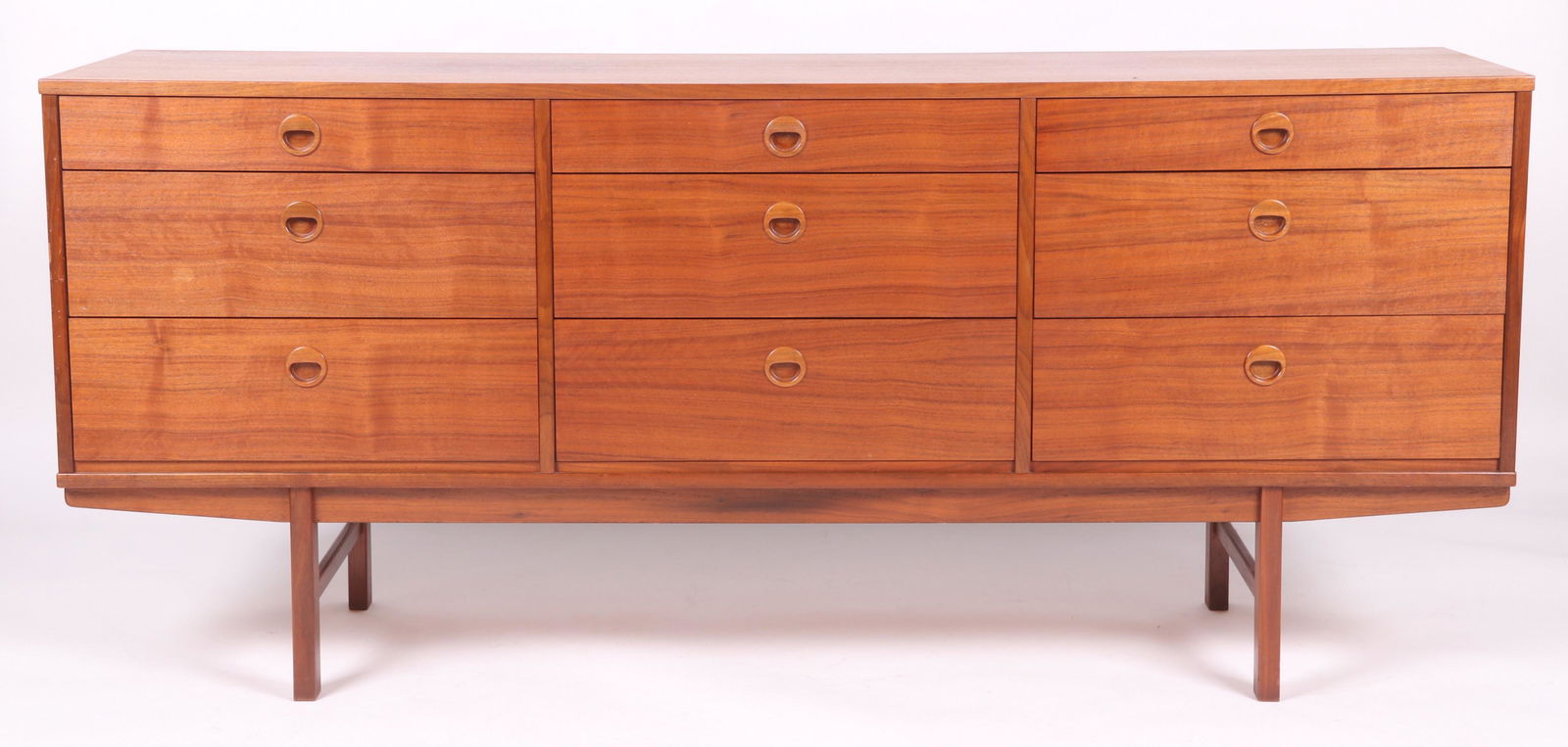 Folke Ohlsson For Dux, Teak Dresser: Swedish, unmarked. With nine drawers and square legs Dimensions:18 1/2" x 71". Height is 31". Provenance:From a local estate.
