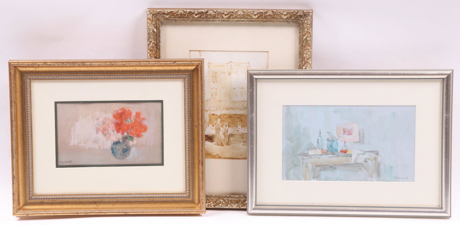 Seymour Remenick (1923 - 1999) Three Still Lifes: A watercolor still life, a floral still life in pastel, and a monochrome watercolor depicting a street scene, all signed. Dimensions:The frames range from 11" x 15" to 15" x 12". Provenance:From a Phi