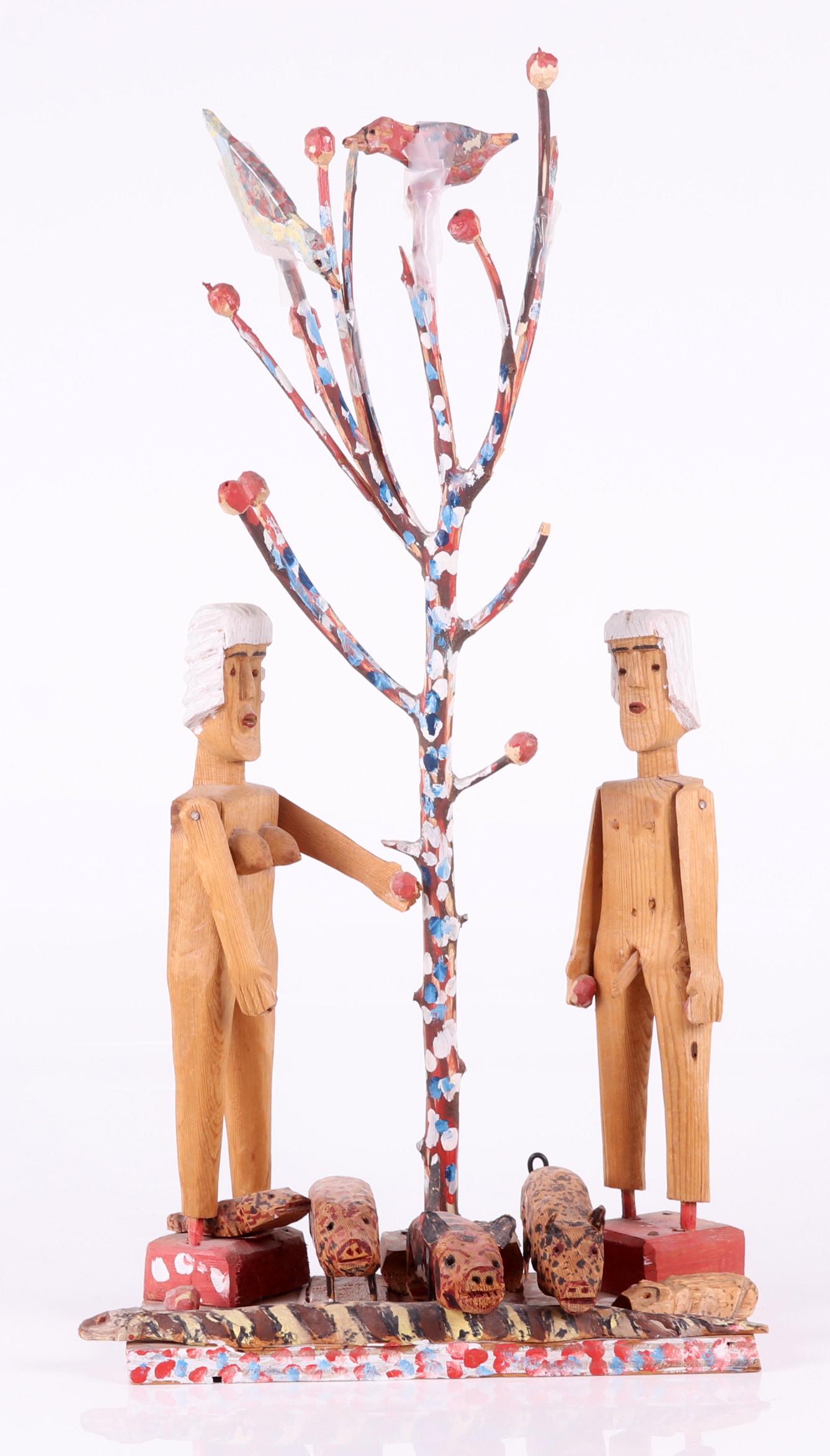 Carl McKenzie (1905 - 1998) Sculpture: A depiction of Adam and Eve with central tree, birds and animals including a serpent. One small animal signed as pictured. Dimensions:16" x 8 1/2", 30 1/2" tall. Provenance:From a Philadelphia estate.