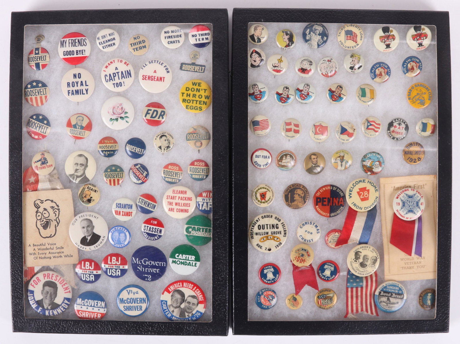 A Large Group of Vintage Buttons, Political, Etc...: Most from the first half of the 20th century, some later. Subjects include, cartoon characters, superman, World War II, Truman, JFK, Roosevelt, and McGovern. Dimensions:From 1/2" to 1 3/4" in diameter