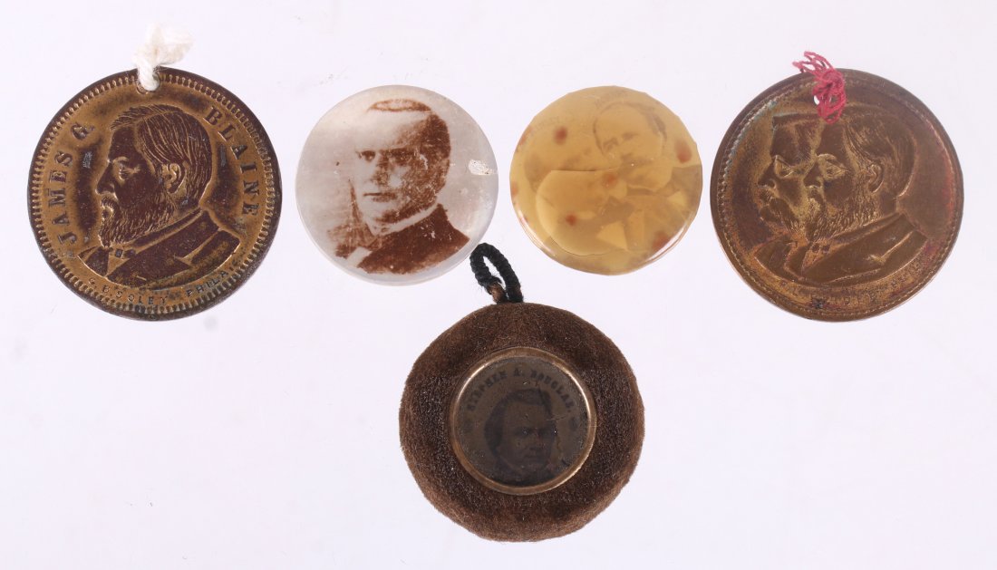Five 19th Century Political Buttons: A group of U.S. political buttons, a mother of pearl example with a image of president Mckinley, an example with Mckinley and Hobart, a tintype button with Stephen A. Douglas at the obverse and George