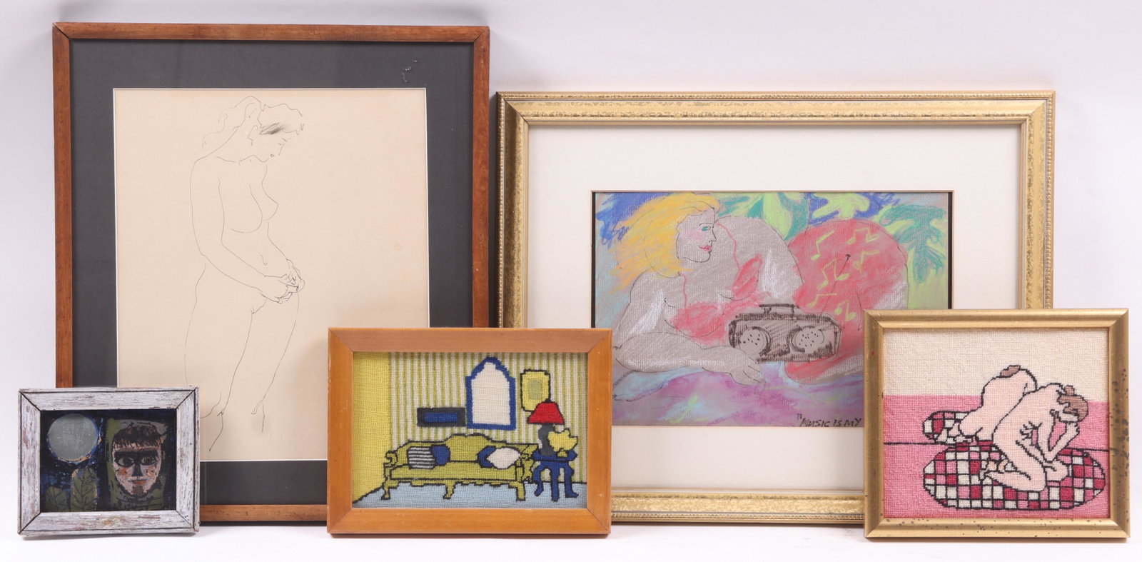 An Estate Lot of Art Including Francis McCarthy: Comprising: a 1964 ink on paper of a standing nude by Francis McCarthy, two needlework pictures, a small oil on board by Thomas Knitch and a piece of outsider art titled "Music is my life", in crayon.