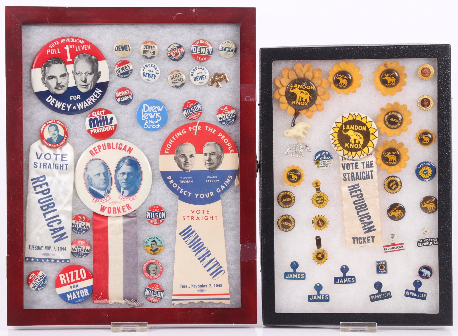 Political Buttons - Republican, Landon Knox: A group of 20th century political buttons including many for Landon and Knox, Davis and James, Truman and Barkley and others. Dimensions:From 5/8" in diameter to 8" x 3 1/2". Provenance:From a local e