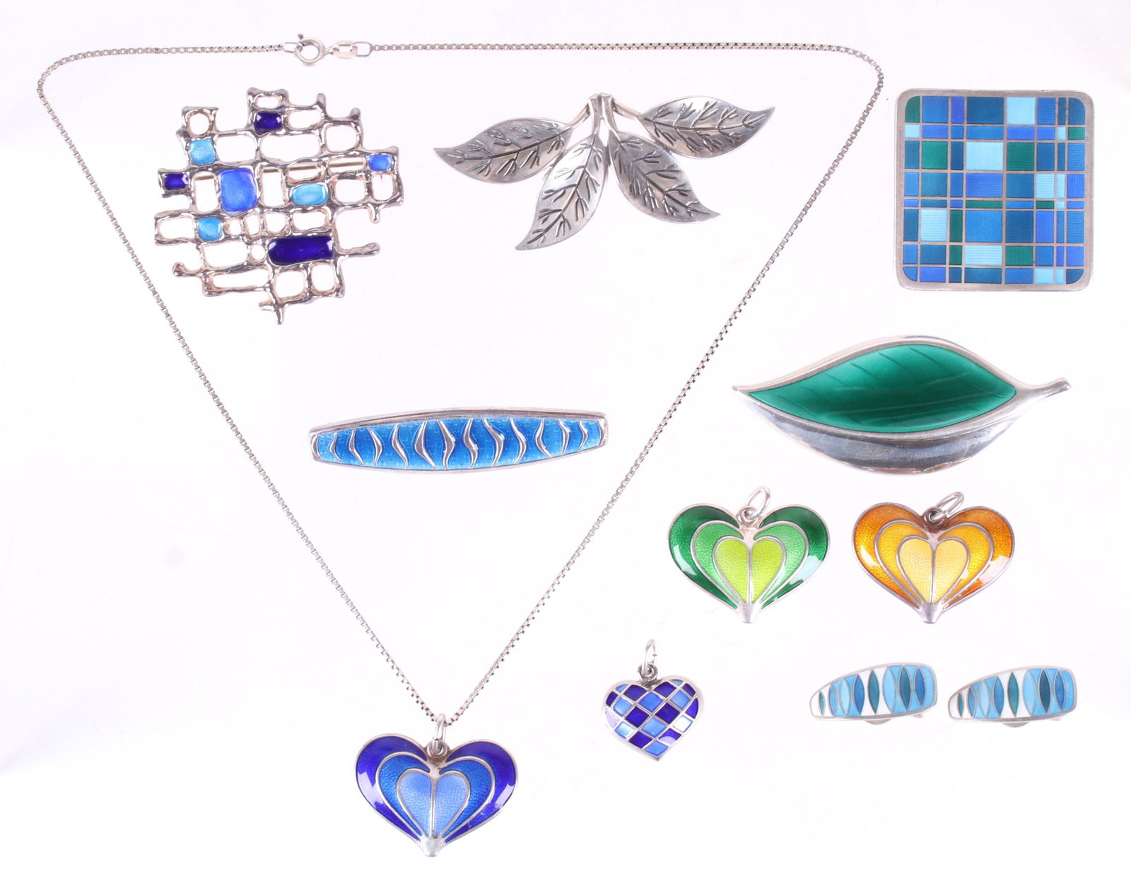 A Group of Modernist Jewelry by David Andersen: Comprising: a square pin with blue and green enamel, three heart form pendants in different colors, a brutalist openwork pin with blue enamel, a pair of earrings, a blue enamel bar pin, a green foliat