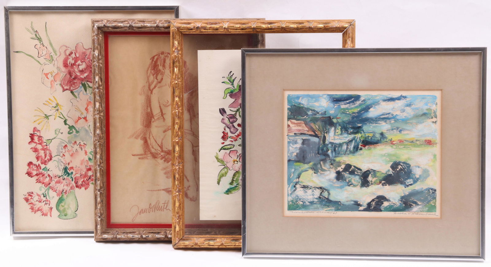 Four Works, Dorothy Strauser, Bertha Schoenbach: Two floral still lifes by Dorothy Strauser (1908 - 2005), a serigraph titled "Provincetown scene" by Bertha Schoenbach (1908 - 1998), and a nude in red crayon by Jan De Ruth (1922 - 1991). Dimensions: