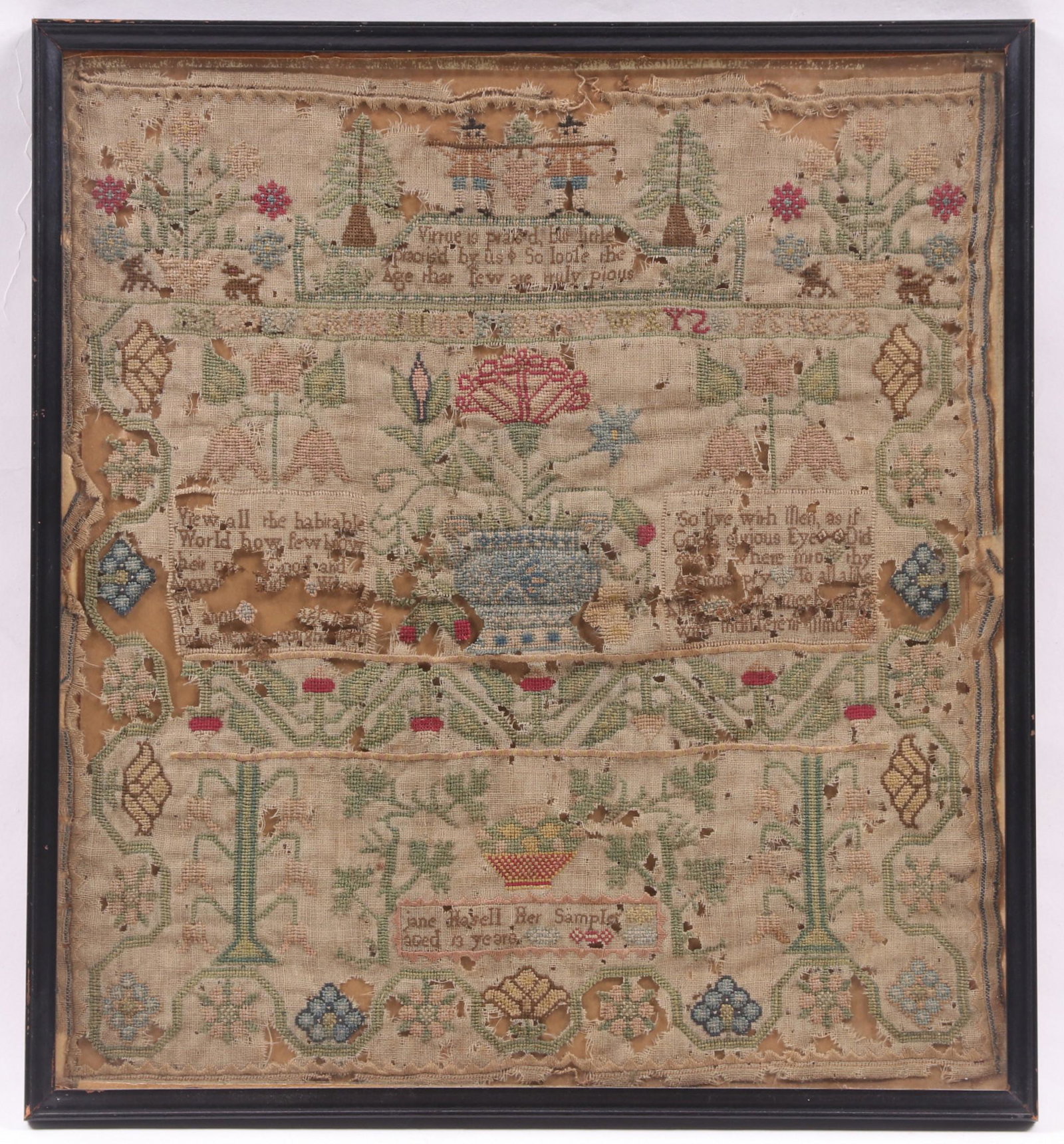 18th Century English Sampler: Silk thread on a linen ground, signed for a Jane Hasell, aged 13 years. Undated. Dimensions:The frame 13 1/2" x 11 1/2". Provenance:From a Philadelphia collection.