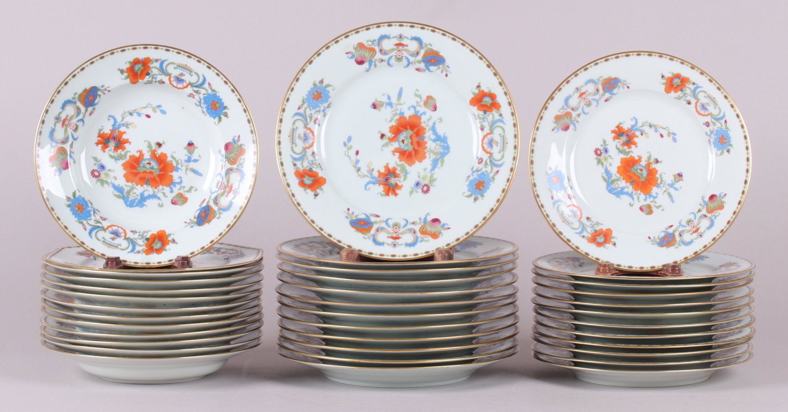 Raynaud Limoges, "Vieux Chine" Dinnerware: Each with poppy transfer decoration and marked verso "Reproduction decor Vieux Chine, Collection Damon". Comprising: twelve 8 3/4" plates, twelve 9 1/2" plates, twelve 8 3/4" soup bowls, and one 8 1/2