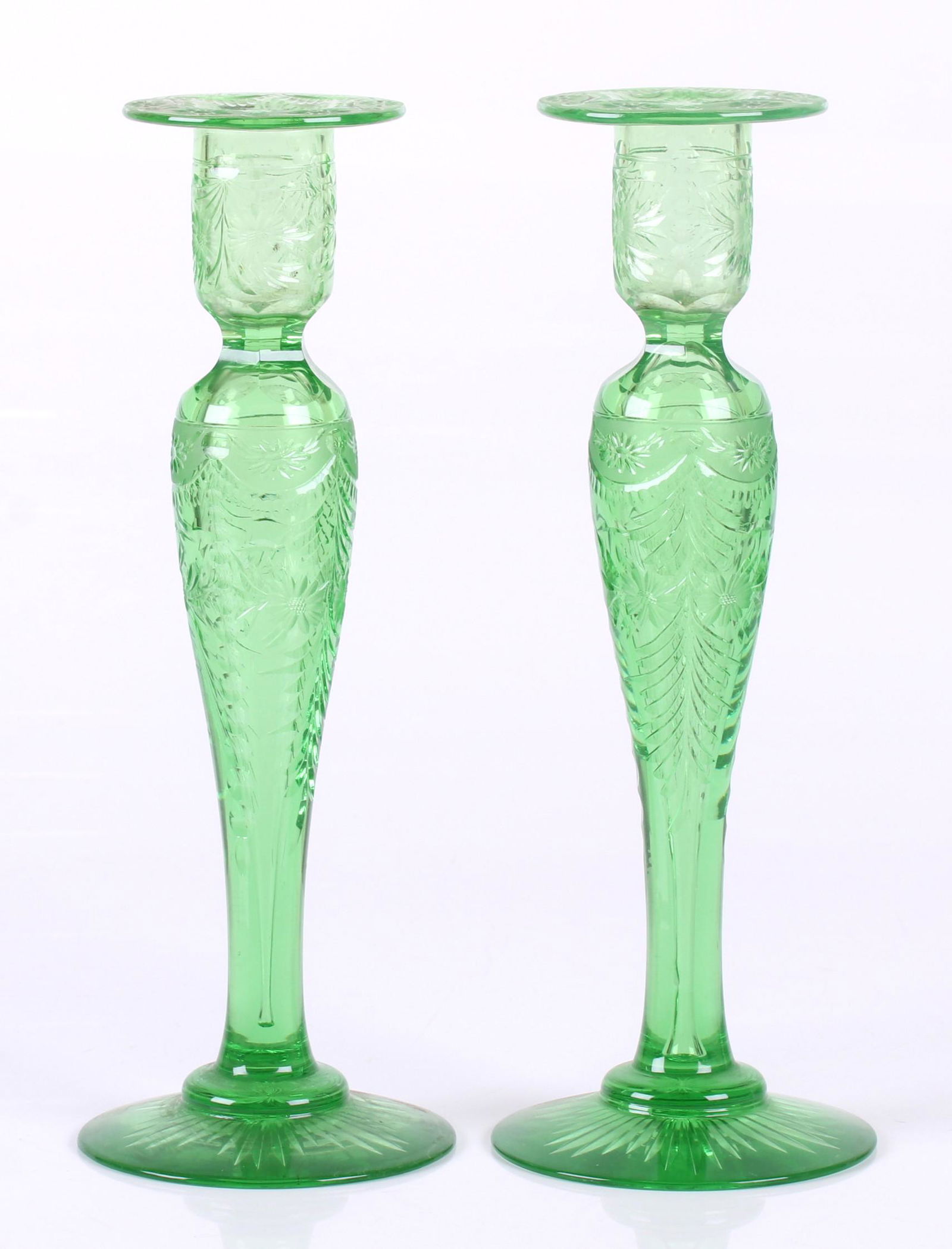 A Pair of Cut Vaseline Glass Candlesticks (1 of 9)