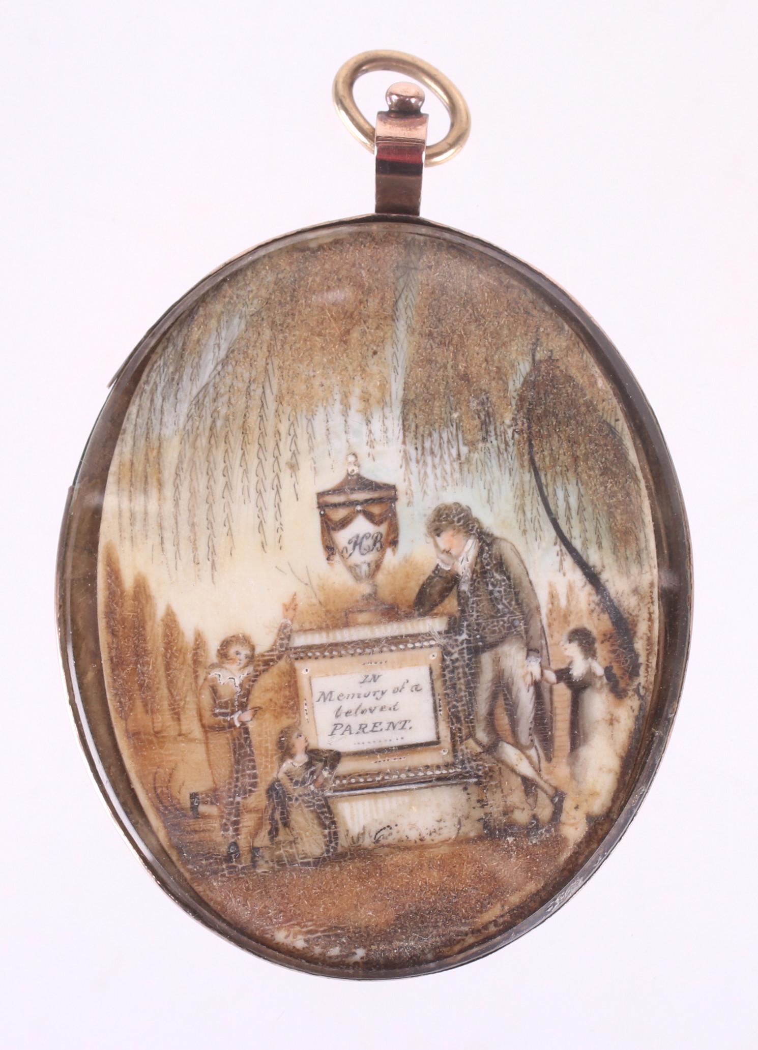 An American Gold Mourning Pendant: Late 18th century, oval with a watercolor depicting a family at a gravesite with the text "In memory of a beloved parent" at the obverse and a sample of hair under glass with a central "W" at the reve
