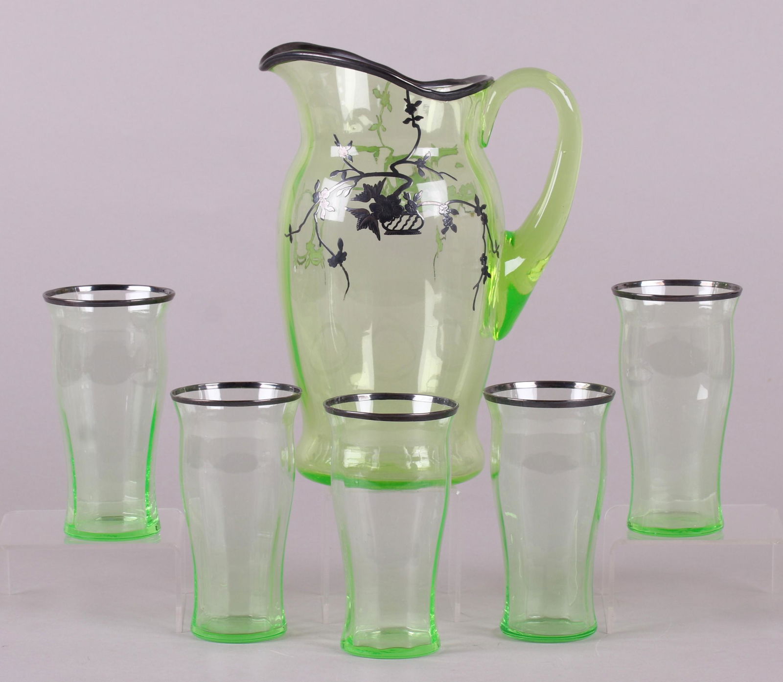 A Set of Rockwell Vaseline Silver Overlay Glass (1 of 10)