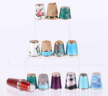 A Group of Silver and Enameled Thimbles: Examples by Holmsen (Norway), Simon Brothers, David Andersen, and other European makers. The lot includes a plique a jour example and a thimble with spool case, probably French. Dimensions: The total