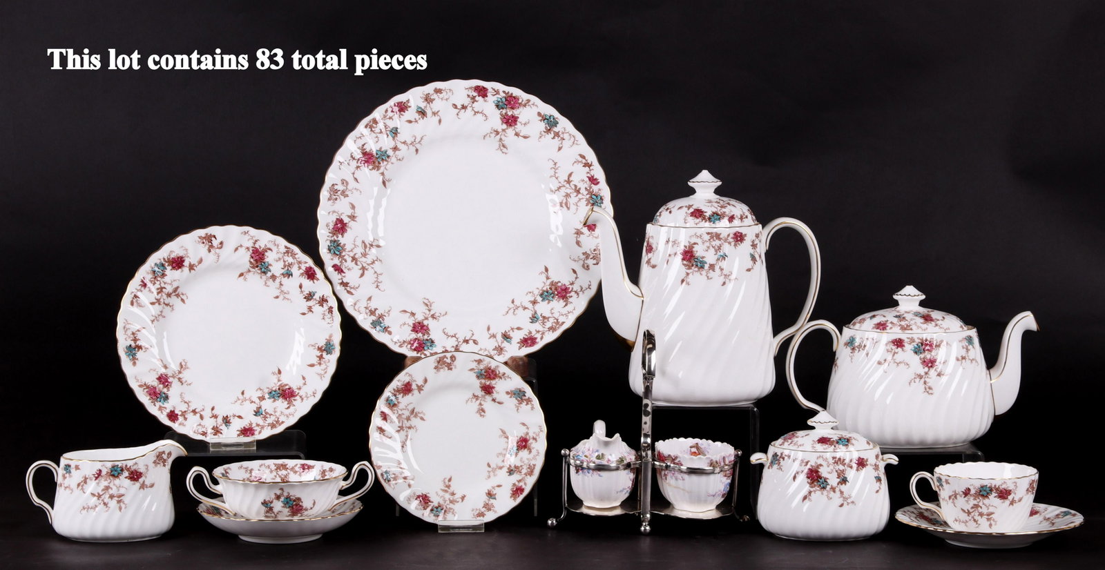 Minton Dinnerware, Ancestral Pattern: Each piece with gilt edges, transfer decoration with some enamel. Comprising: twelve 10 1/2" dinner plates, two 9" plates, one 9" tall coffee pot, thirteen 6 1/4" plates, one 4 1/2" tall sugar, one 3 