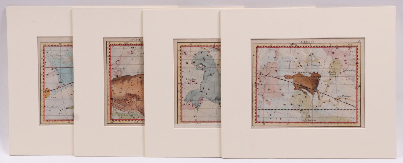 Four Celestial Engravings , Flamsteed-Fortin: From the Atas Celeste de Flamsteed approuve par l'Academie Royale des Sciences, Paris 1776. All hand colored. Dimensions: Each sheet is 8 1/2" x 10", the mats are 12 1/2" x 14 1/2".