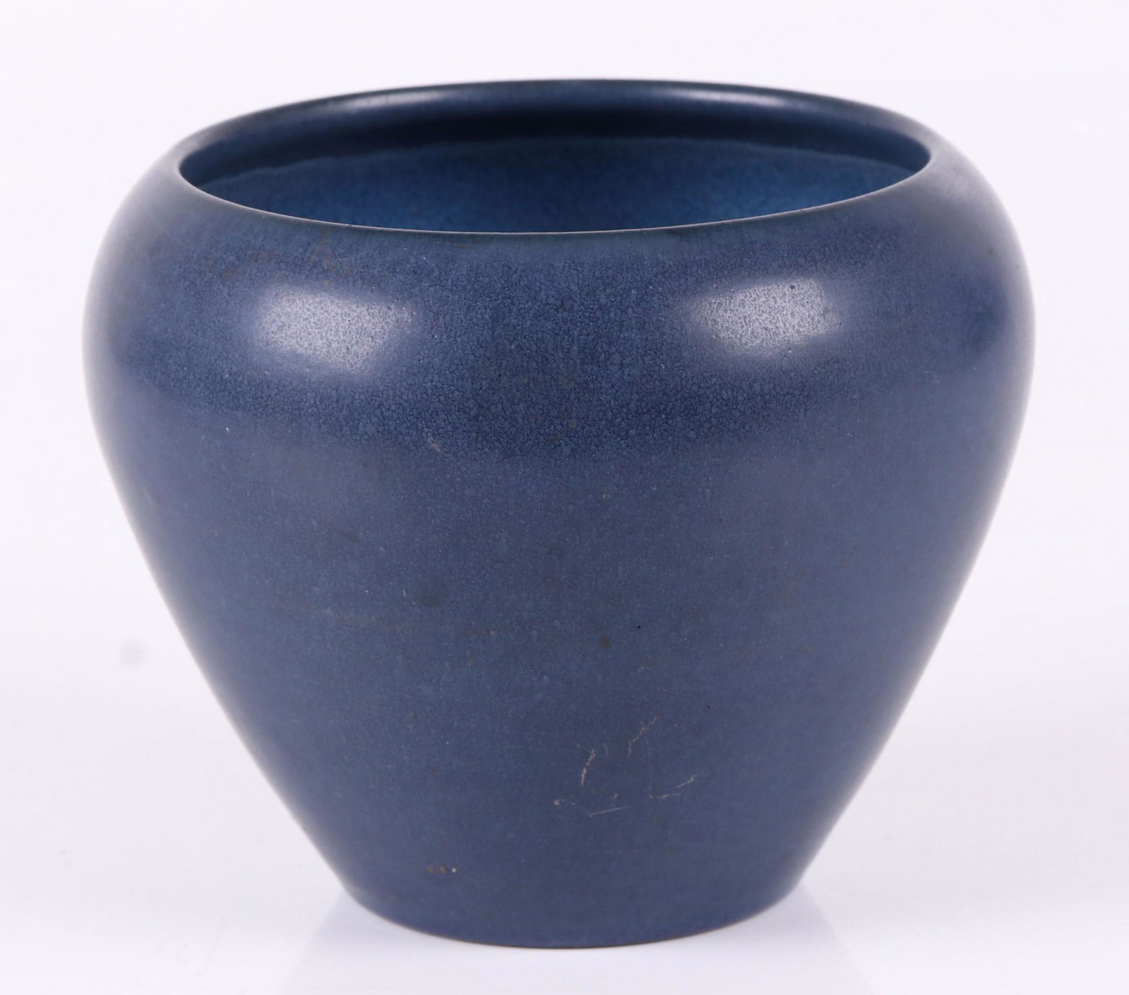 A Marblehead Pottery Vase: Early 20th century, in a blue glaze, impressed mark as pictured. Dimensions: 5 1/2" in diameter, 4 3/4" tall.