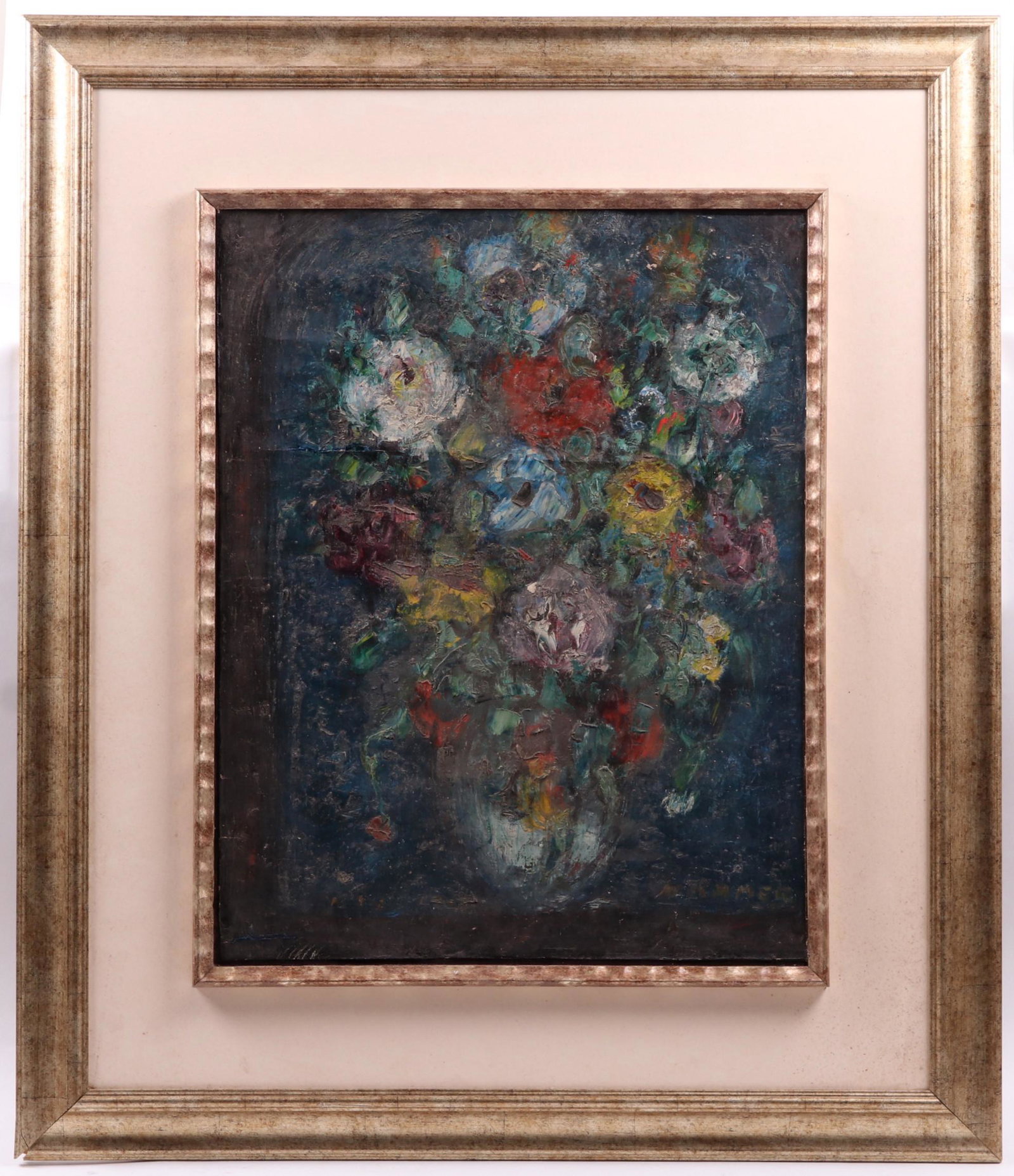 Continental School, 20th century, Oil on Canvas: An abstract floral still life, illegible signed at the lower right corner. Dimensions: 27 1/2" x 21 1/2", the frame 42" x 36".