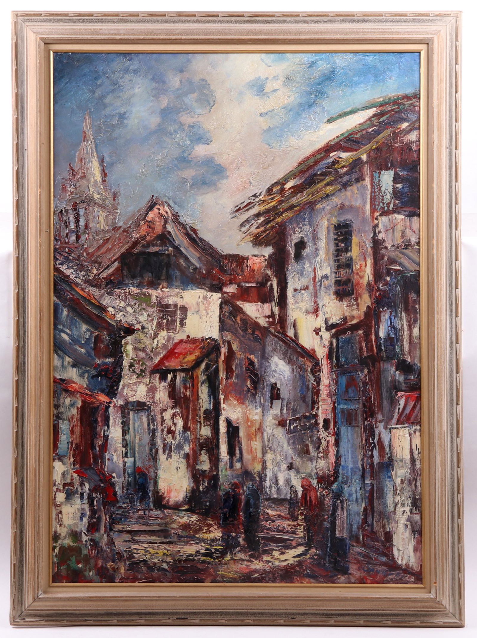 Continental School, Mid 20th Century, Oil on Canvas: A large village scene, illegibly signed at the lower right corner. Dimensions: 43 1/2" x 30 1/2", the frame 49 1/2" x 36 1/2".