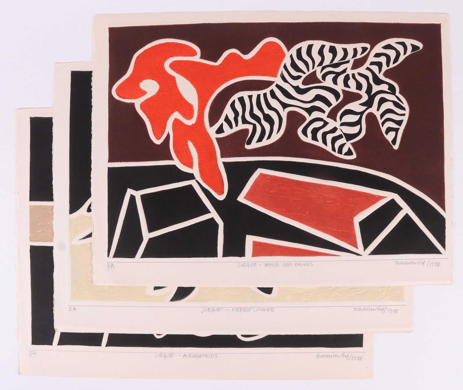 Barbara Kwasniewska (1931 - ) Intaglio Etchings: Three works, "Cirque Danse Des Tauves","Cirque-Pierrot Lunaire" and "Cirque-Acrobathies" all artist proofs, pencil signed and dated for 1978. Dimensions: Each sheet is 20" x 26".
