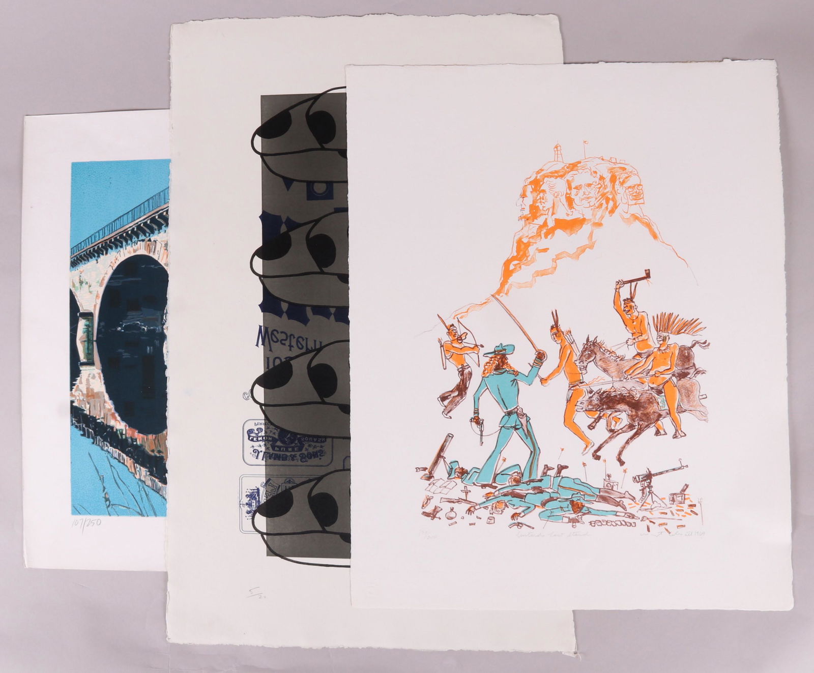 Three Prints Including Warrington Colescott: "Custard Last Stand" by Warrington Colescott numbered 177/200, pencil signed and dated for 1968, "Reflected Bridge" by Fran Bull, numbered 107/250 and dated for 1980 and an Untitled work by Harvey Dan