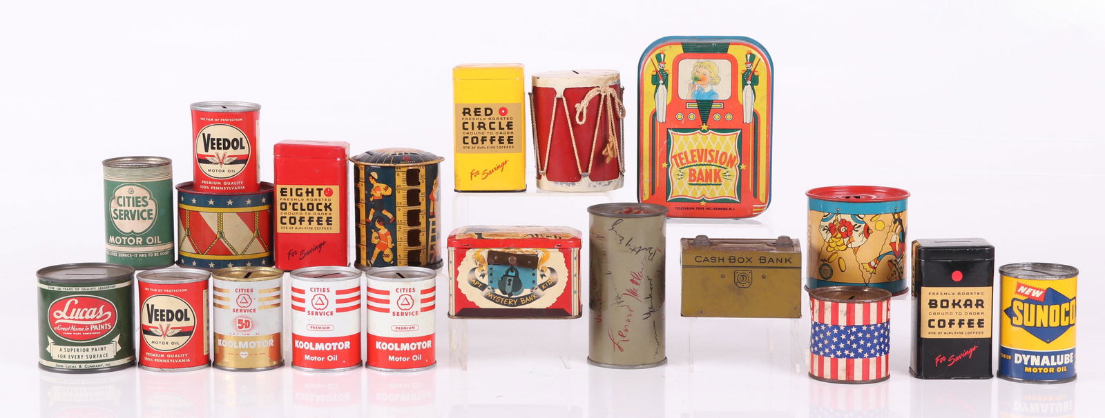 A Group of Toy Tin Banks, Advertising: Comprising: a "Television" bank, a Captain Kidd Mystery Bank, seven motor oil examples (various brands), an example with a measuring stick theme, one for Lucas Paints, a J. Chein cash box, a J. Chein