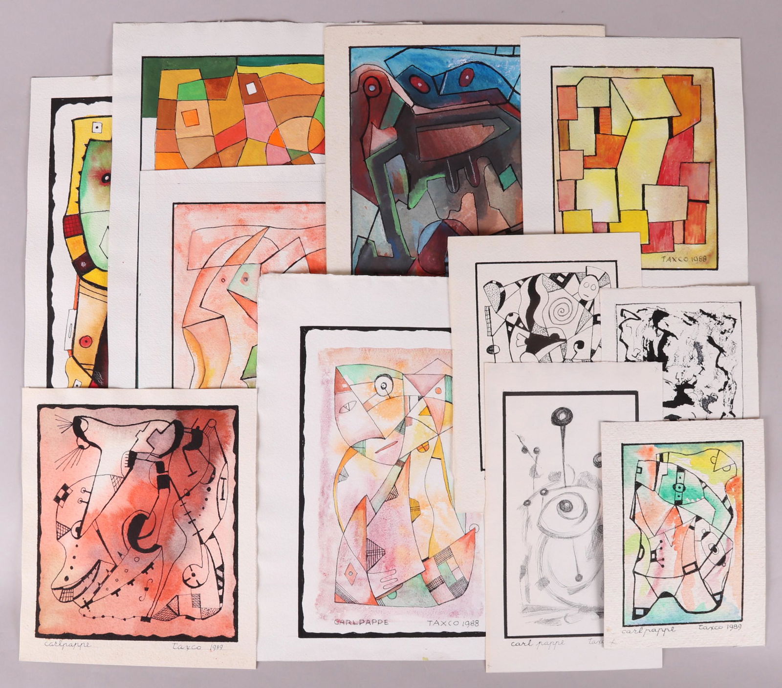 Carl Pappe (Mexican 1900-1998) Eleven Works: All works on paper, three are exclusively ink, the other eight are watercolors with ink. All are signed, the years range from 1988 to 1990. Dimensions: From 10" x 6" to 20" x 14".