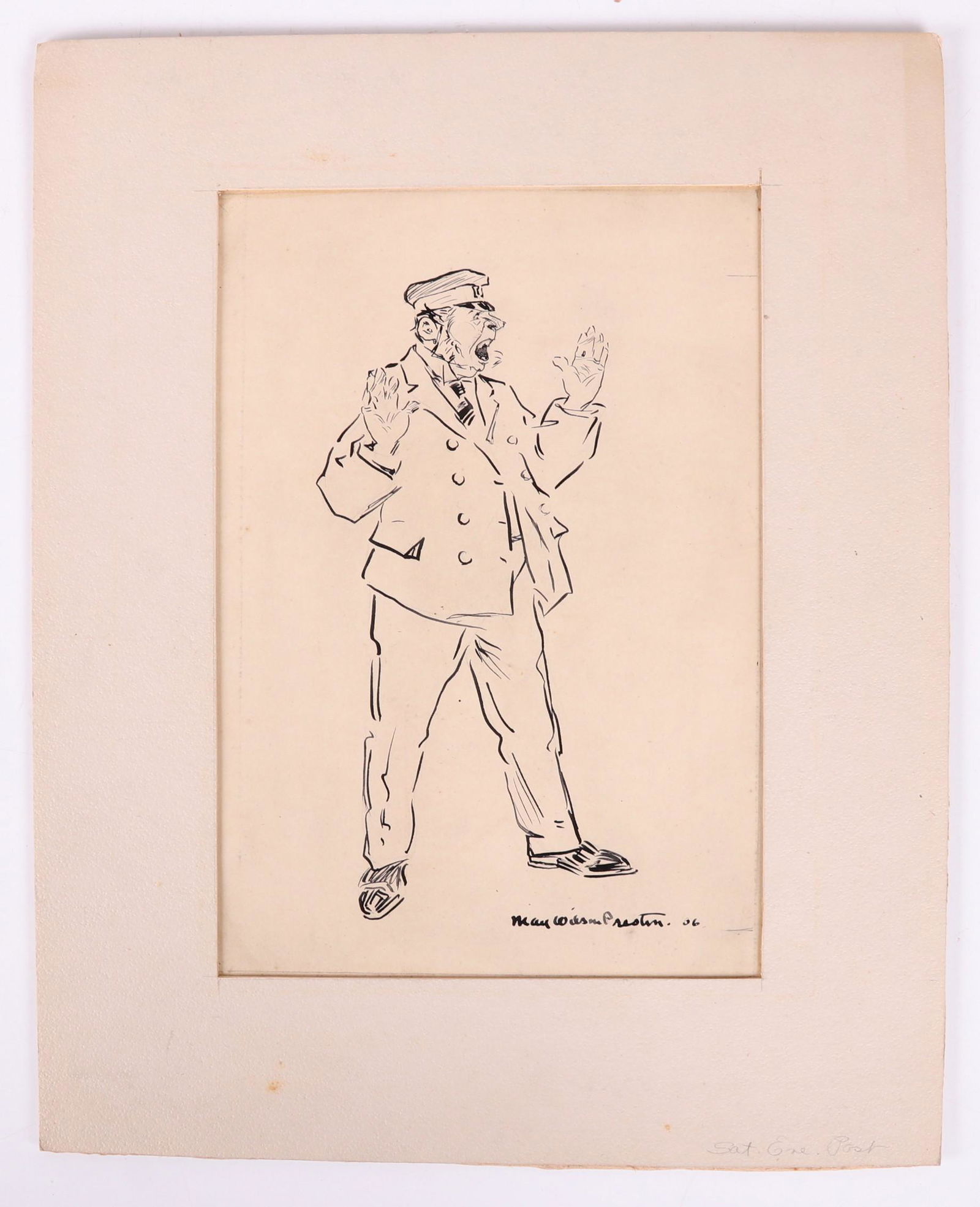 May Wilson Preston (1873 - 1949) Illustration: An illustration, ink on paper, apparently done for the Saturday Evening Post, signed and dated for 1936. With information verso as pictured. Dimensions: Sight is 10 1/2" x 7 1/2", the mat is 15 1/2" x