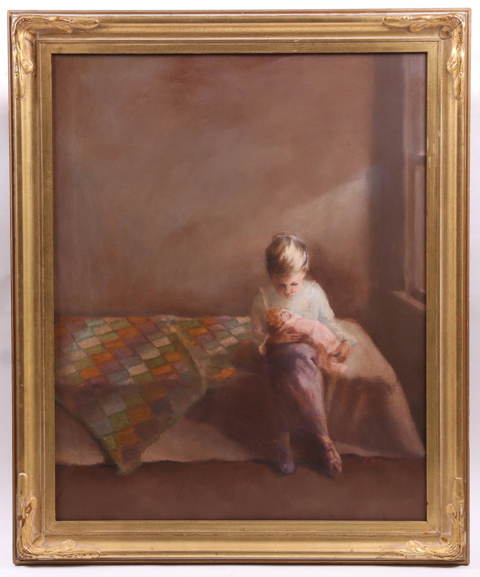 Edith R Belfiore (20th c.) Oil on Canvas: Depicting a child seated on a bed and holding a doll, signed at the lower right corner. Dimensions: 30" x 24", the frame 35" x 29". Provenance: From a Pennsylvania estate.