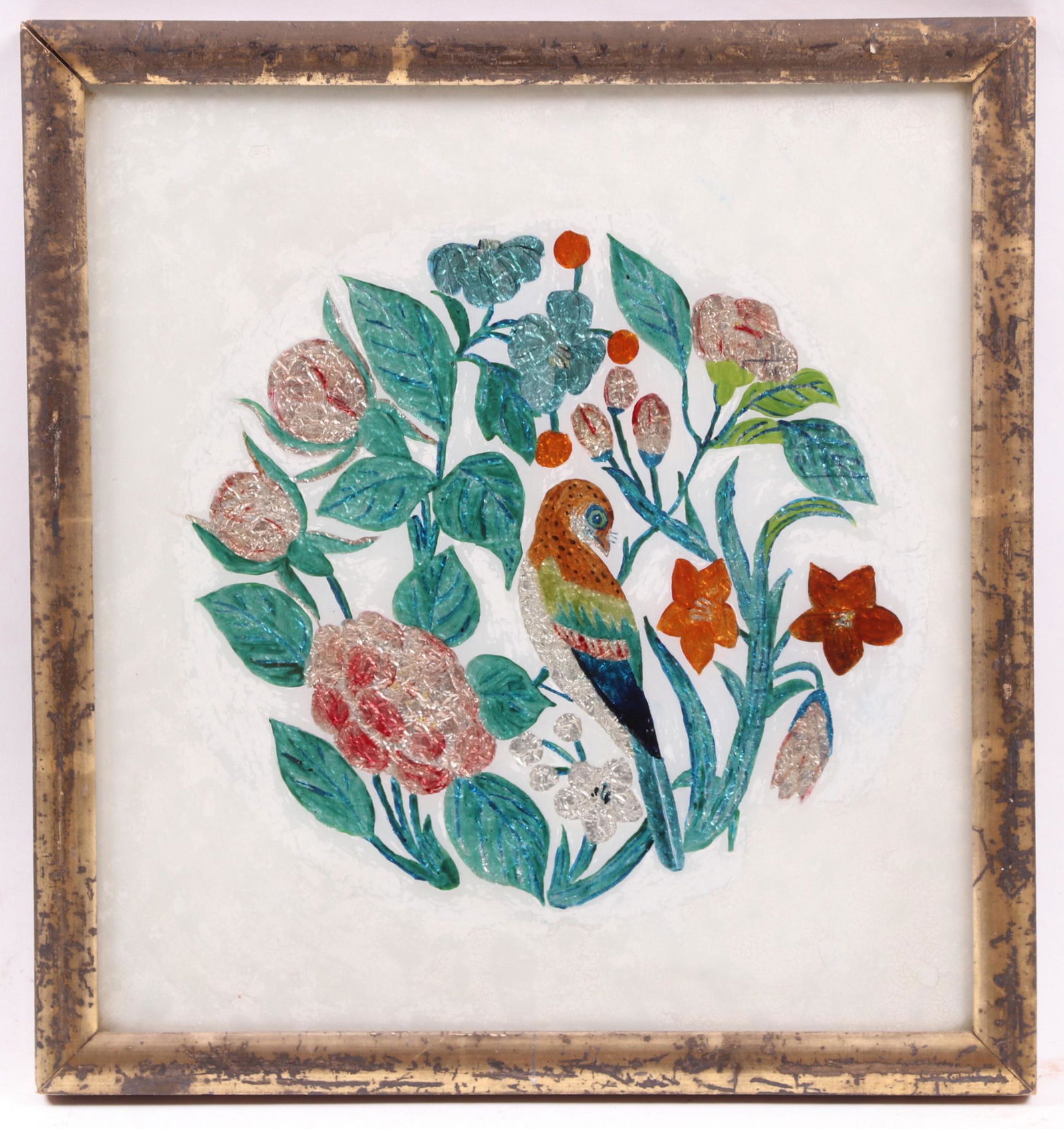 A 19th Century Tinsel Painting, Bird with Flowers (1 of 6)