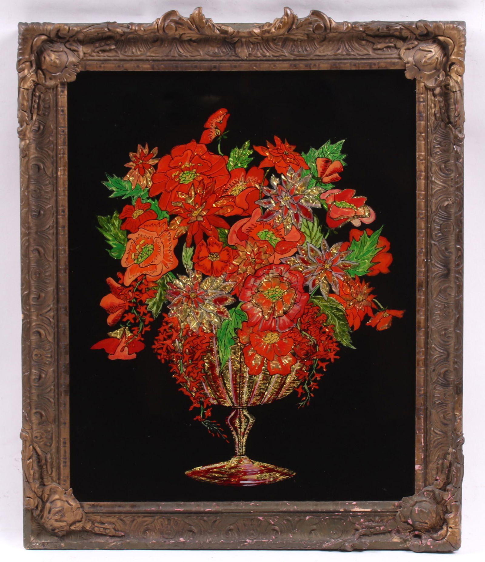 A 19th Century Tinsel Painting, Vase and Flowers (1 of 7)