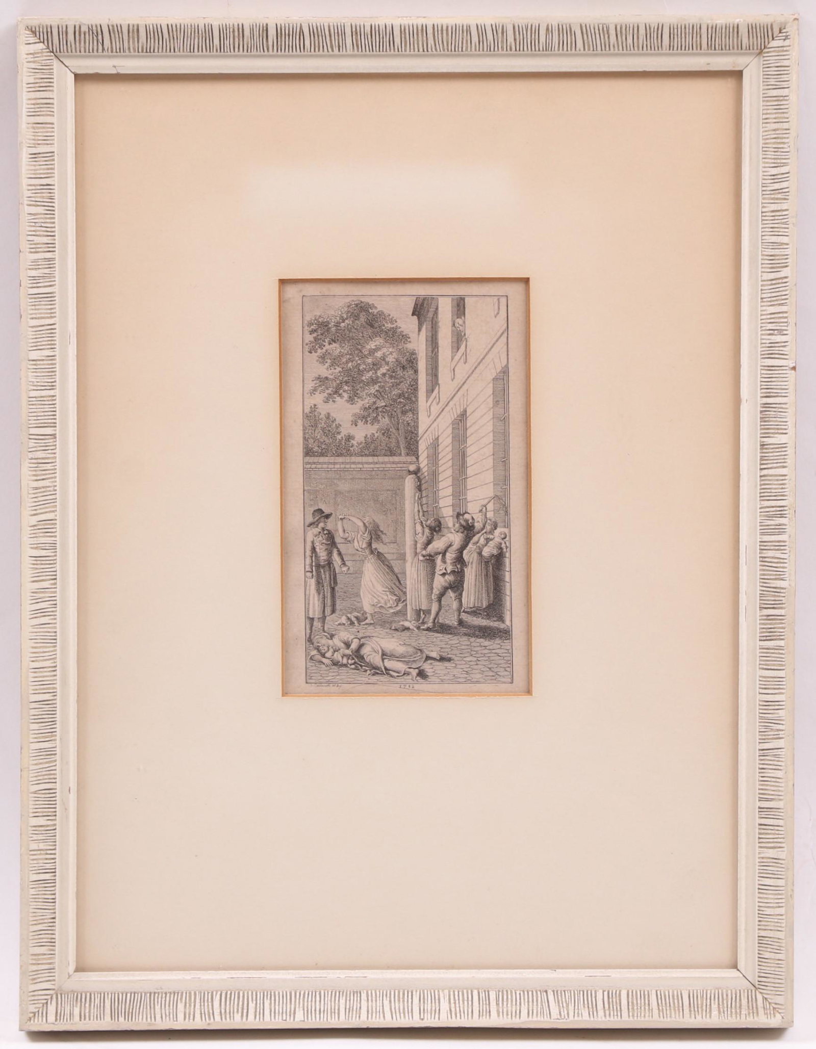 Daniel Chodowiecki (1726-1801) Engraving: A scene depicting women being given lashings, with babies on the ground. Dated 1782 and signed in the plate. Dimensions: Sight is 5 3/4" x 3 1/4', the frame 14" x 10 1/2".
