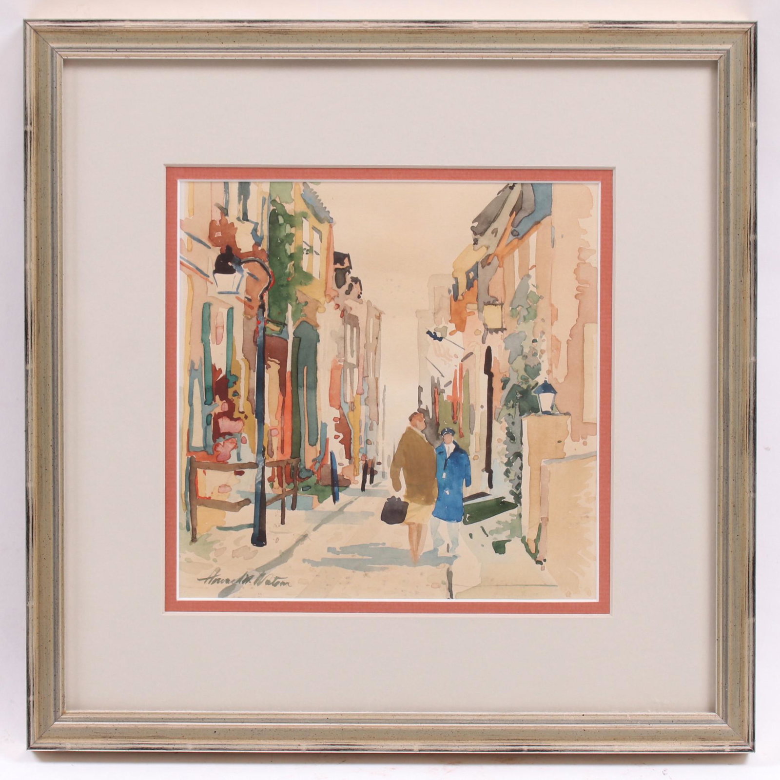 Howard Noel Watson (Born 1929) Watercolor: A Philadelphia street scene with figures, signed at the lower left corner. Dimensions: Sight is 7 1/2" x 7 1/2", the frame 13" x 13". Provenance: From a Philadelphia collection.