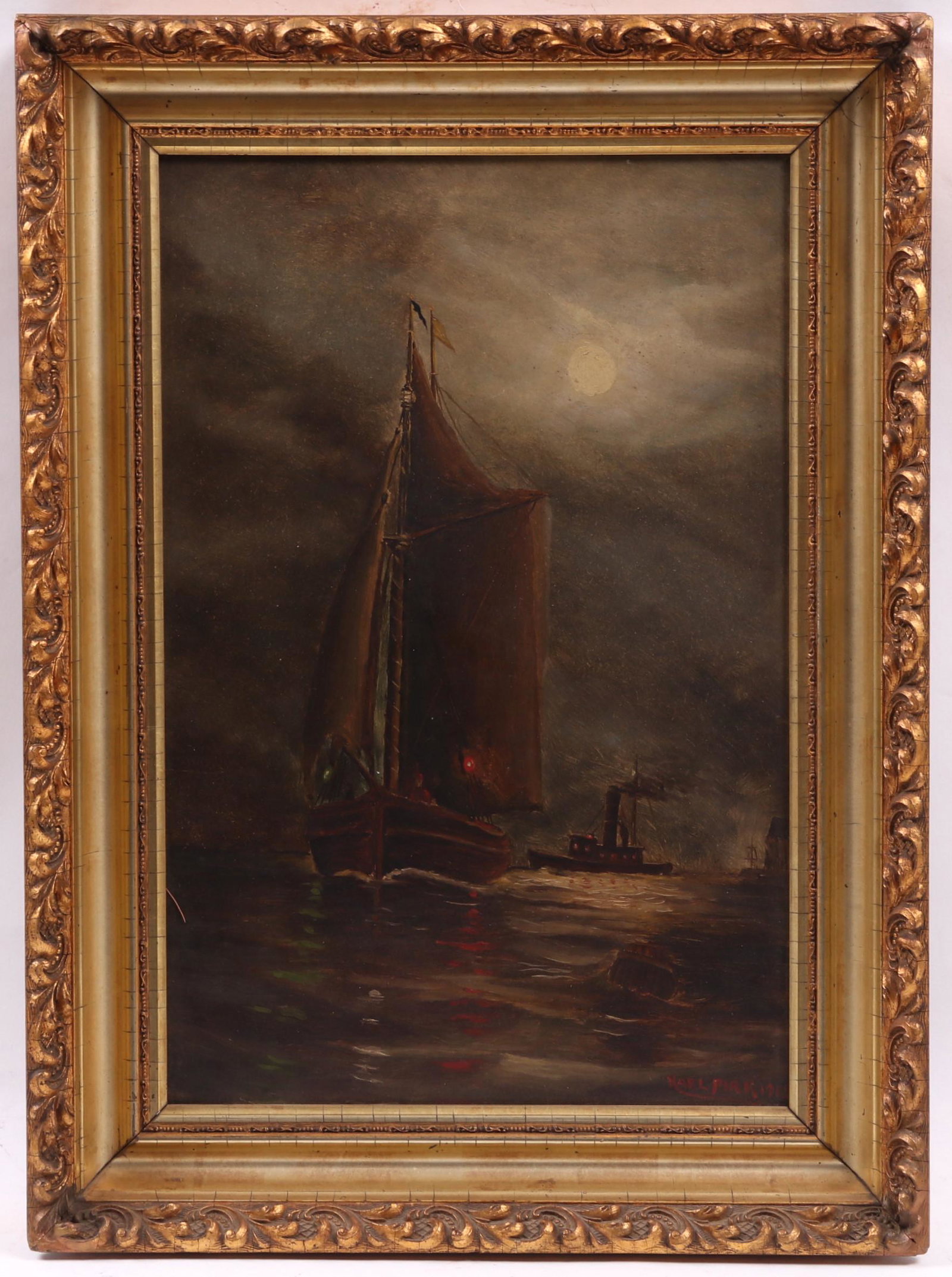 American School, Oil on Artist Board: A night seascape with ships, signed "Karl Pirk" and dated for 1912 at the lower right corner. Dimensions: 18" x 12", the frame 22" x 16".