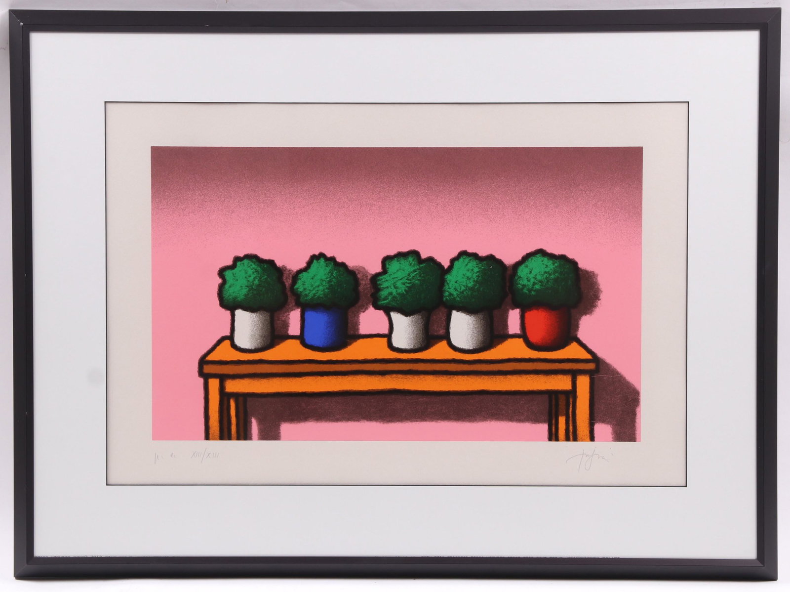 Tino Stefanoni (b. 1937) Silkscreen: Depicting a row of potted plants on table, pencil signed and numbered as pictured. Dimensions: Sight is 15 1/4" x 23", the frame 22 3/4" x 30 1/2". Provenance: From a local collection.
