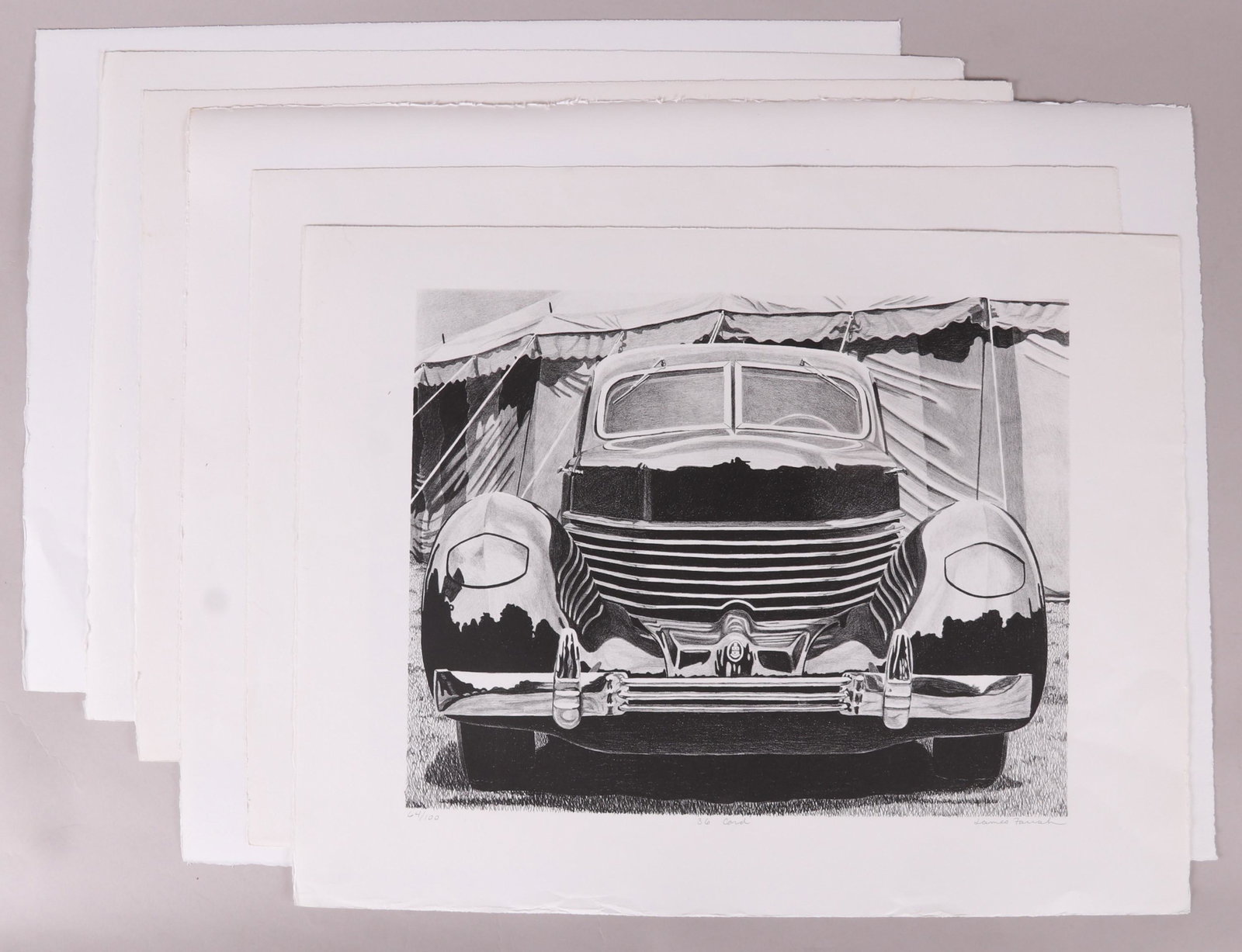 James Farrah (American b.1950) Six Lithographs: Each depicting a vintage automobile, the titles are "Studebaker, Tops Down, 56 T. Bird, 37 La Salle, 36 Card, and XK-120", all pencil signed and numbered from an editions of either 100 or 200. Dimensi