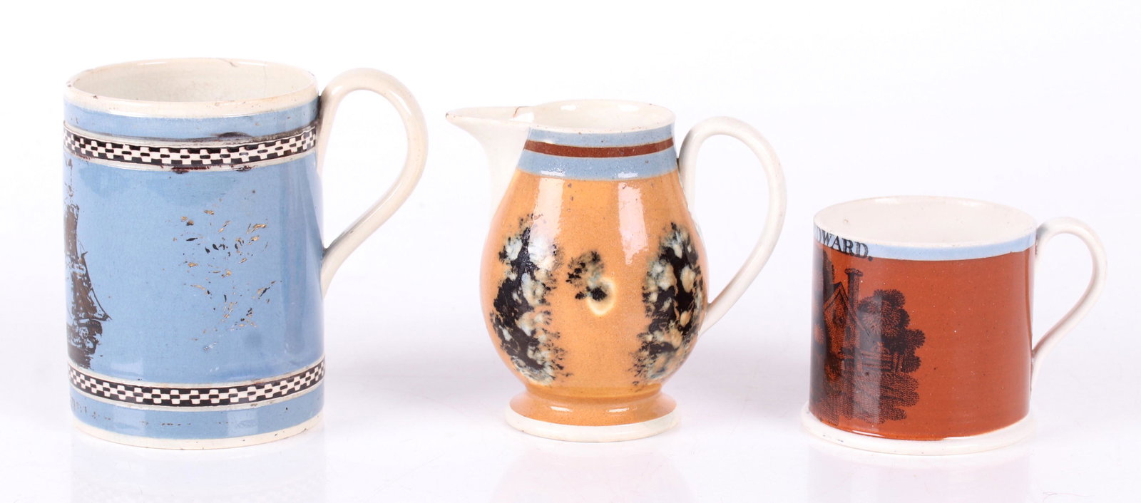 Three Pieces of Mochaware: All 19th century and pearlware, a child's cup with figural transfer decoration and the text "For Edward", a sparrow's beak creamer with seaweed decoration and a blue mug with an engine turned checkere