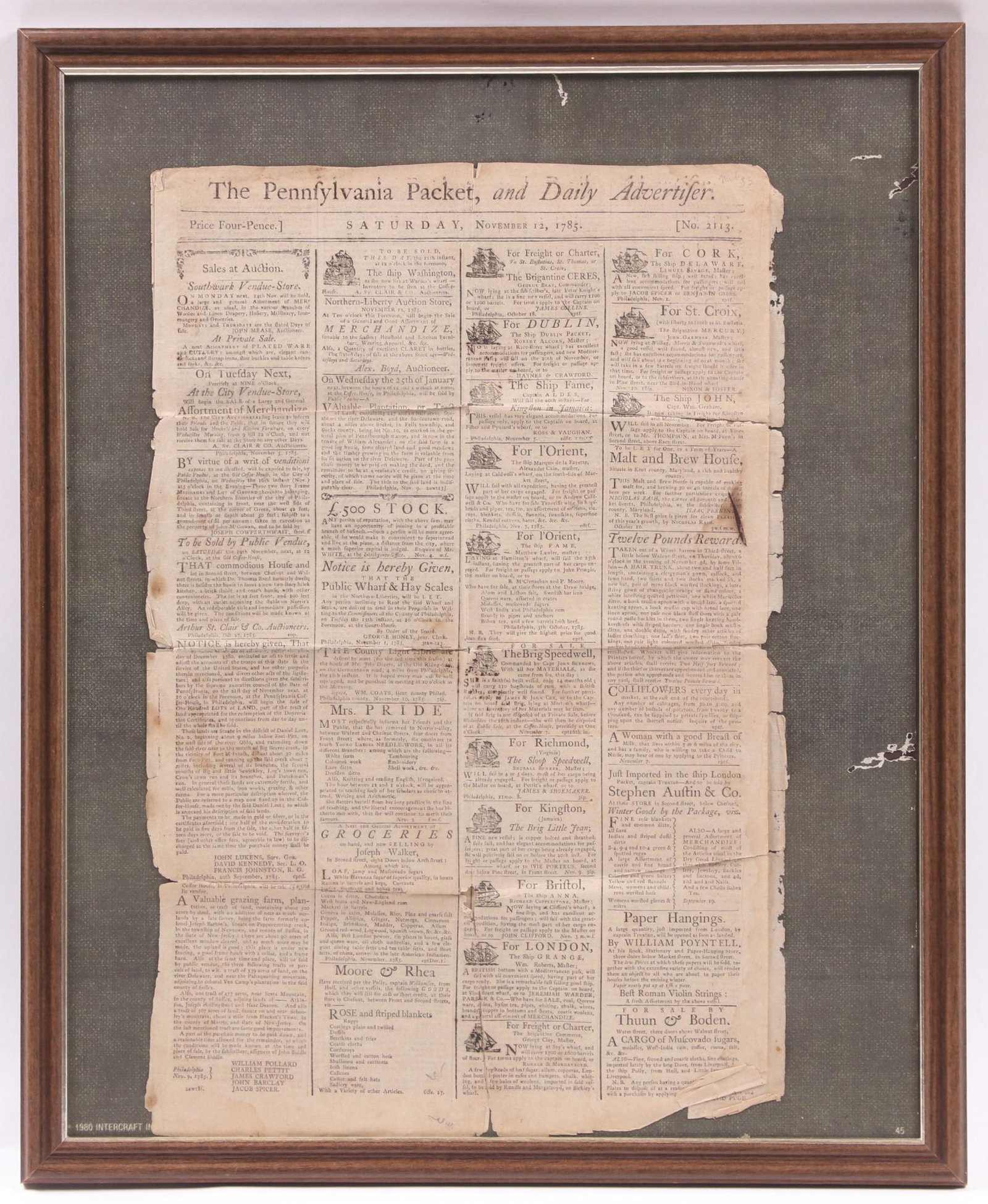 A Framed Newspaper, Pennsylvania Packet, 1785: Dated Saturday November 12, 1785, modern framing. Dimensions: The frame measures 21 1/4" x 17 1/2". Provenance: From a local collection.