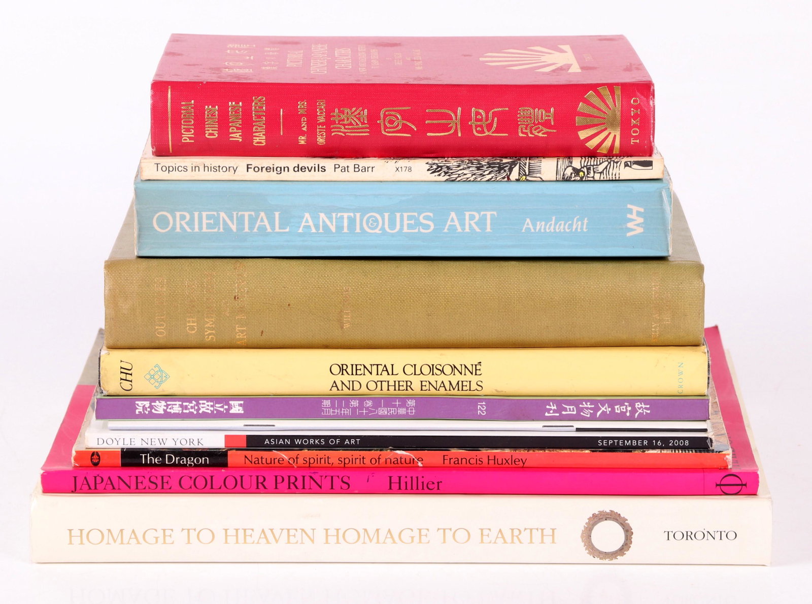 A Group of Research Books, Chinese Subjects, Etc...: Comprising: "Pictoral Chinese-Japanese Characters..." by Oresti Vaccari, "Oriental Cloisonne and other enamels" by Arthur and Grace Chu, "Outlines of Chinese Symbolism and Art Motives" by C.A.S. Willi