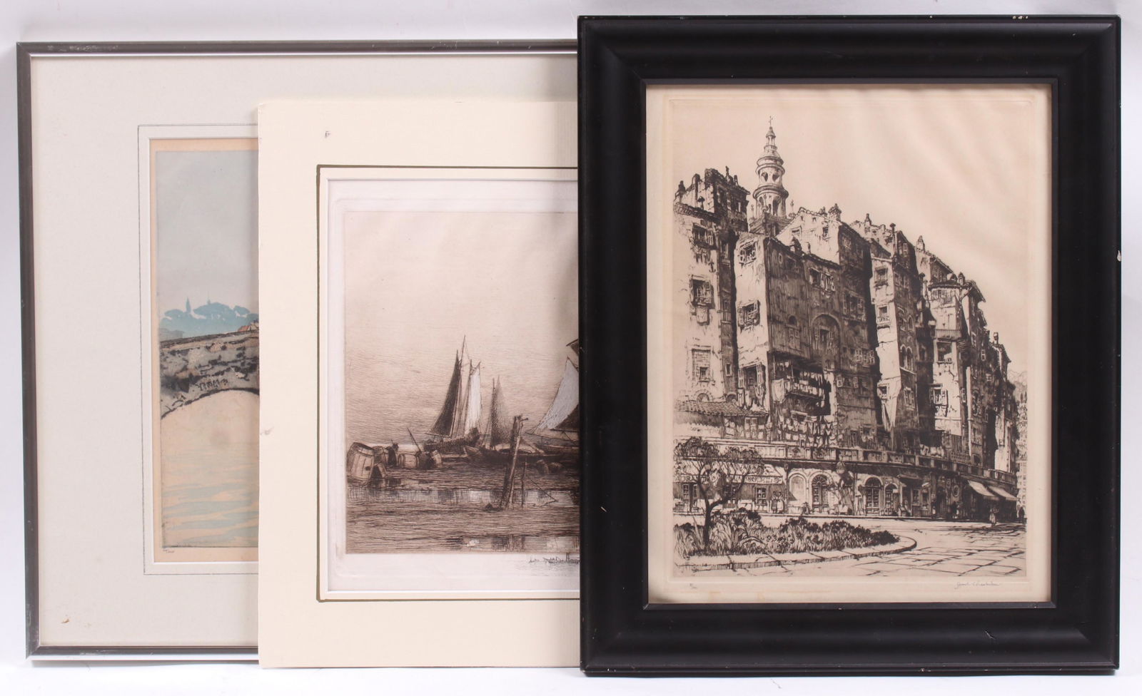 Three Etchings Including Samuel Chamberlain: Skyscrapers of Menton'' by Samuel Chamberlain (1895 - 1975), pencil signed and numbered 3/100, a work by Prosper Louis Senat (1852 - 1925) depicting boats at shore, signed in the plate and dated for