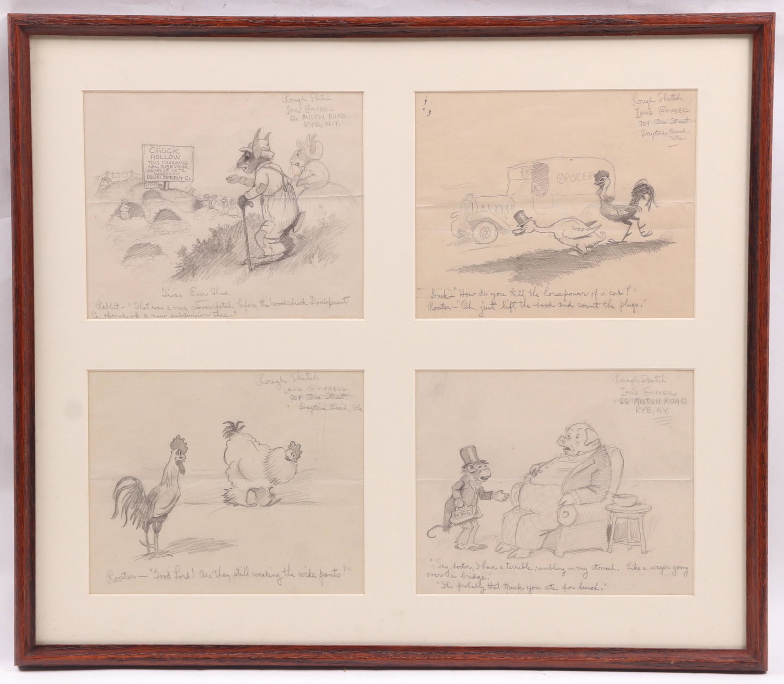 Lansing (Lang) Campbell (1882 - 1937) Cartoons: A framed set of four original cartoons in pencil by the artist best known for his illustrations in the Uncle Wiggily series of books by Howard R. Garis. Each signed at the upper left corner. Dimension