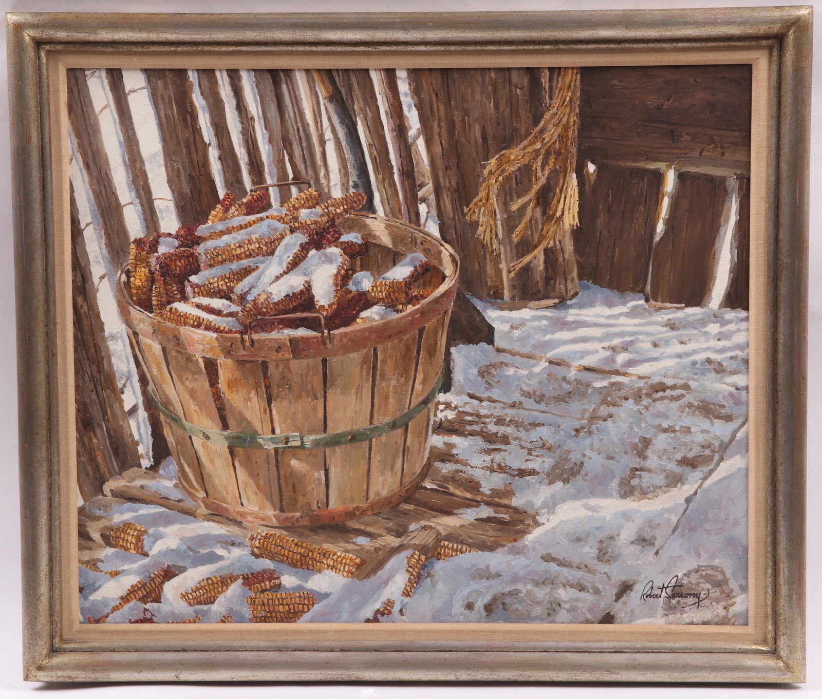 Robert Sarsony (Born 1938) Oil on Canvas: A winter still life of corn in a basket, signed at the lower right corner. Dimensions:20" x 24", the frame 23 1/4" x 27 1/4". Provenance: