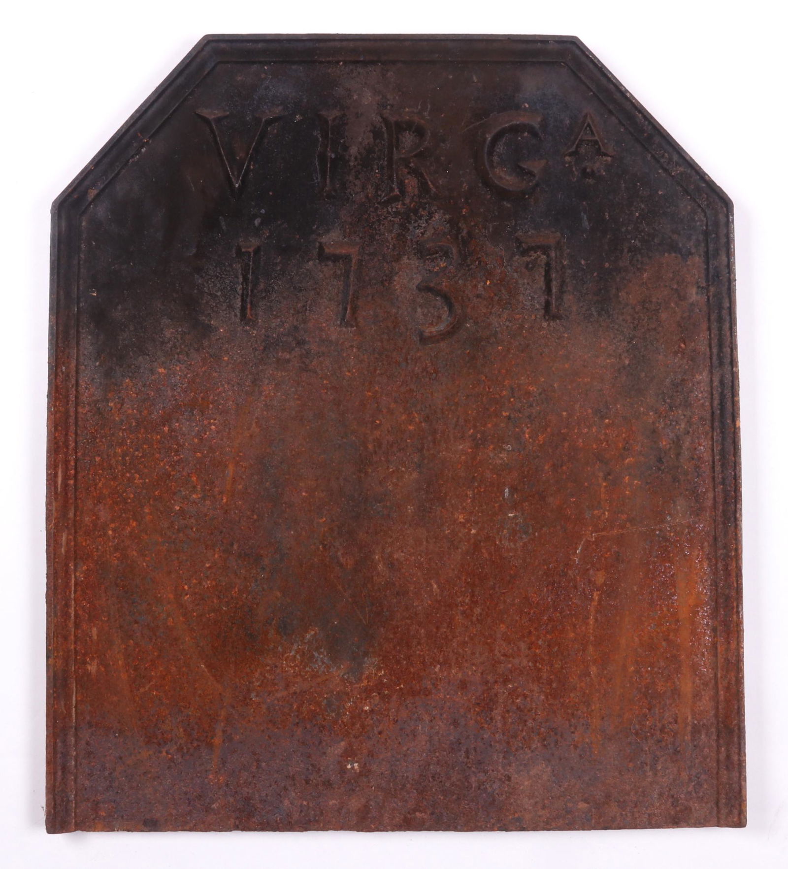 Cast Iron Virginia Metalcrafters Fireback: A Reproduction from the site of the Red Lion on the Duke of Gloucester Street. With raised text "VIRG 1737" Dimensions:24" x 20 1/2". Provenance: