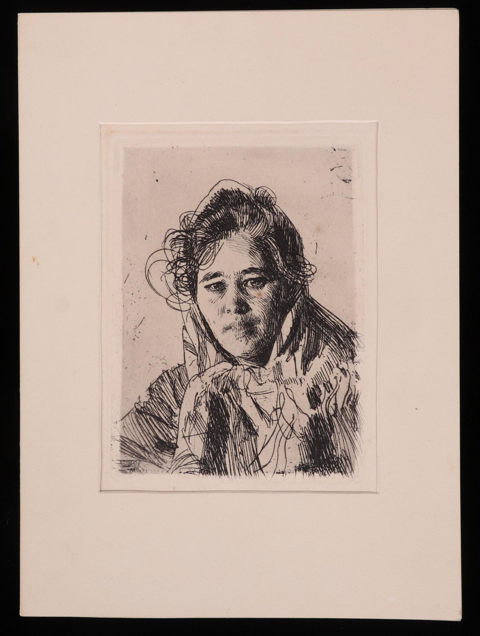 Anders Leonard Zorn (1860 - 1920) Etching: Titled "Anna Zorn" and with text in pencil indicating that it is an original etching. Dimensions: The sheet size is 9" x 6 3/4", the plate size is 6 3/4" x 4 1/2".