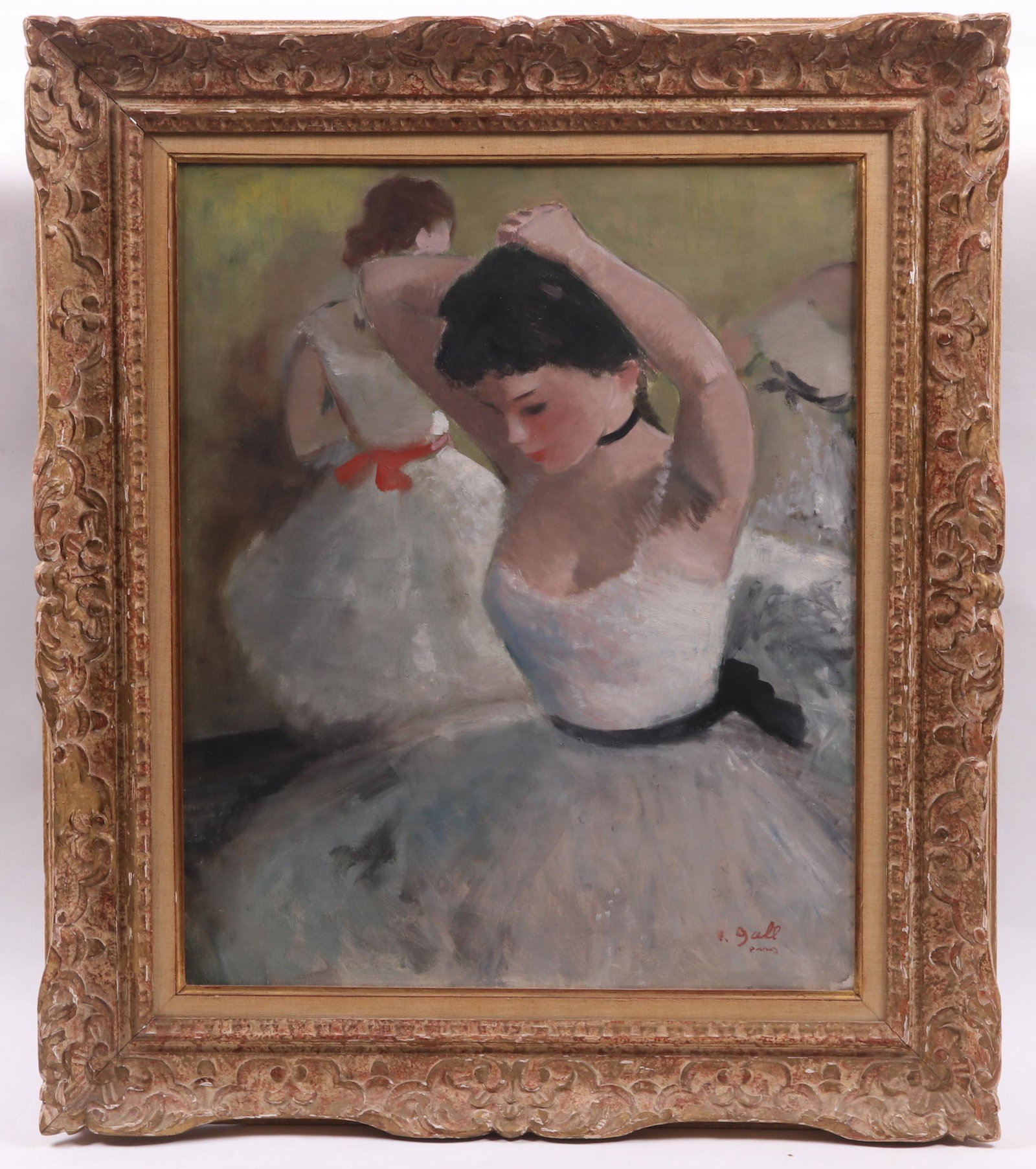 Francois Gall (1912 - 1987) Oil on Canvas: Depicting ballerinas, signed at the lower right corner. Dimensions: 24 1/4" x 19 3/4", the frame 32" x 27". Provenance: From a local collection.