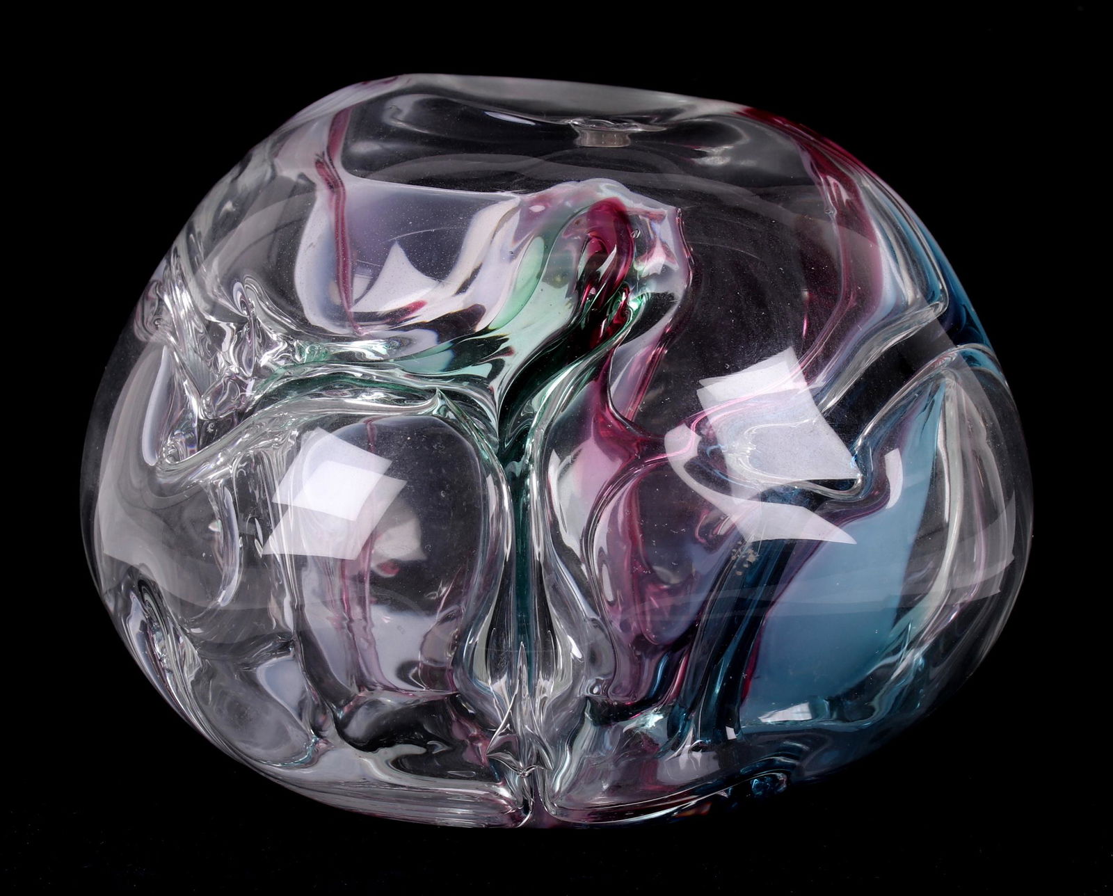 Peter Bramhall (Born 1942) Glass Sculpture: A clear globular object with multi-colored internal elements, signed and dated for 1999. Dimensions: 6 1/2" in diameter, 5 1/2" tall. Provenance: From a Philadelphia collection.